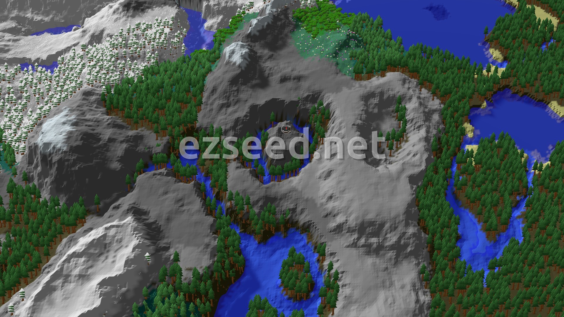 Aerial Minecraft seed map — A Mountainous Taiga Start with Close Ancient City