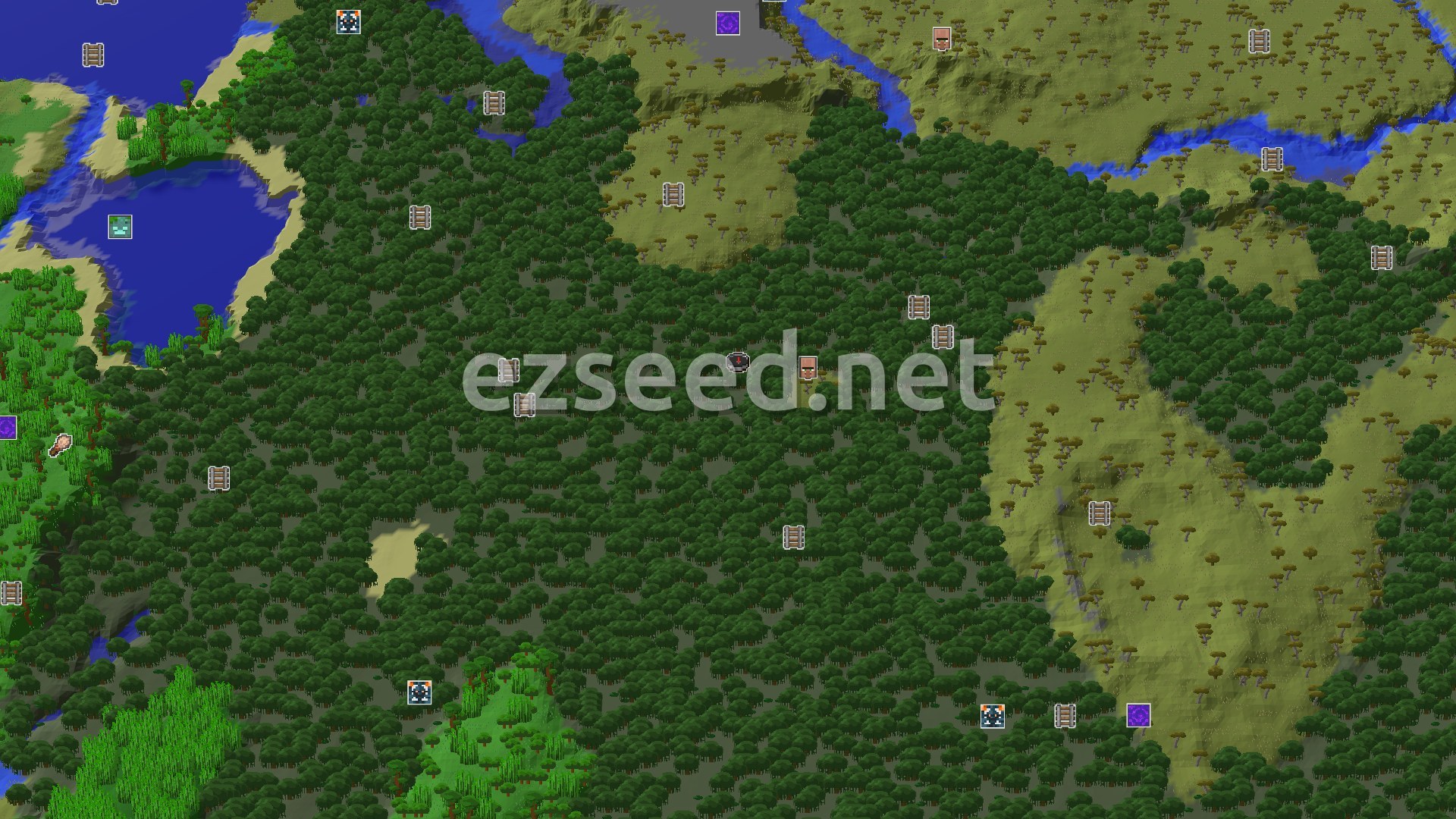 Aerial Minecraft seed map — Savanna and Swamp Start, Village Just 57 Blocks Away