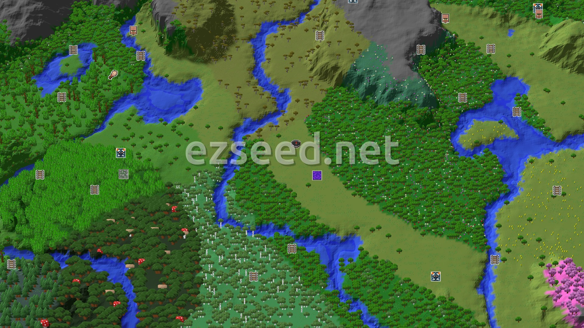Aerial Minecraft seed map — A Modest Start with Hidden Underground Riches