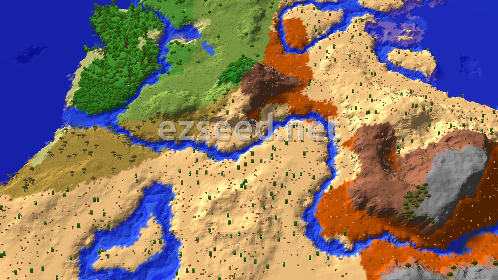 An aerial view of a mostly desert landscape, cut by blue rivers and patches of savanna and badlands, with a jungle biome to the northwest.