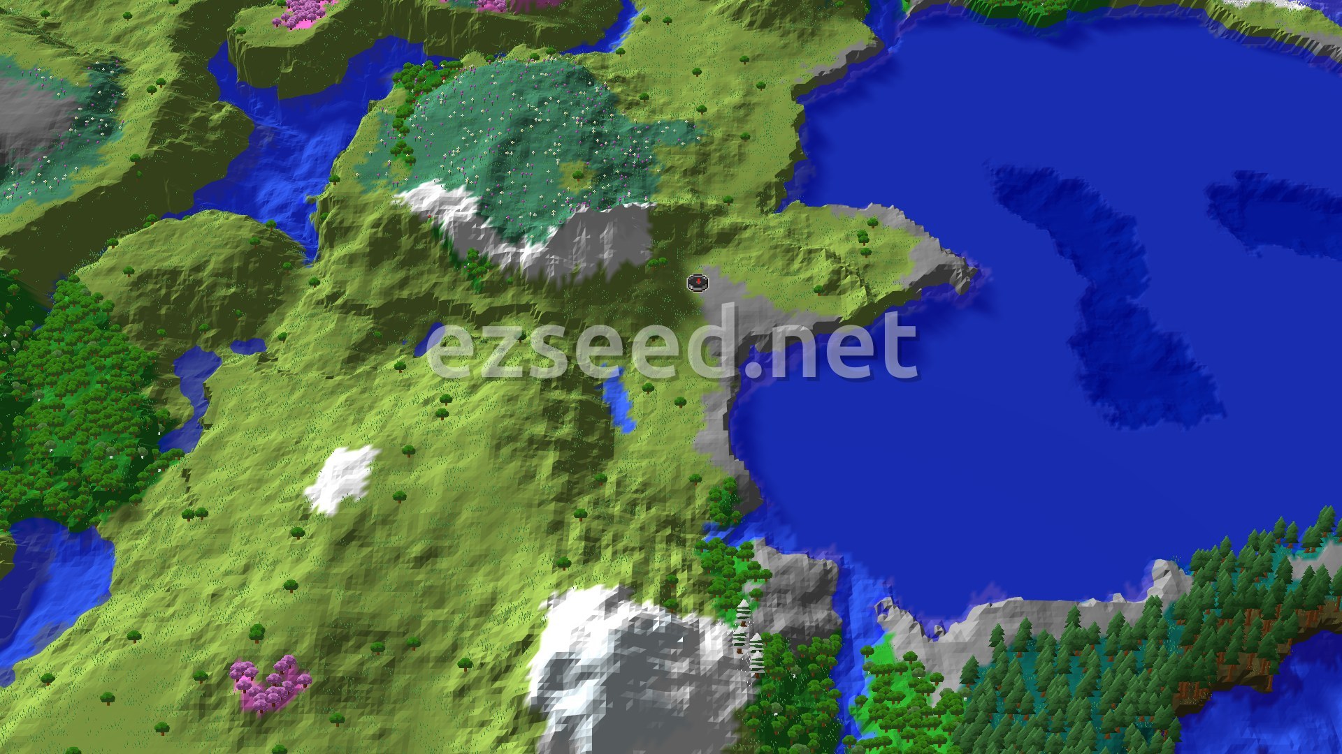 Aerial Minecraft seed map — Ancient City Near Spawn With Snowy Peaks