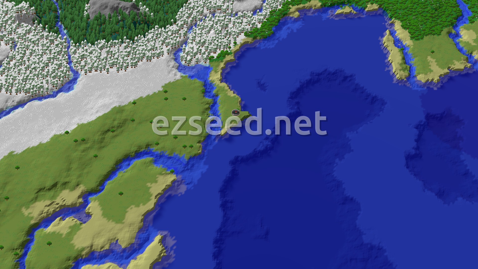 Aerial Minecraft seed map — A Village and Snowy Forests Close to Spawn