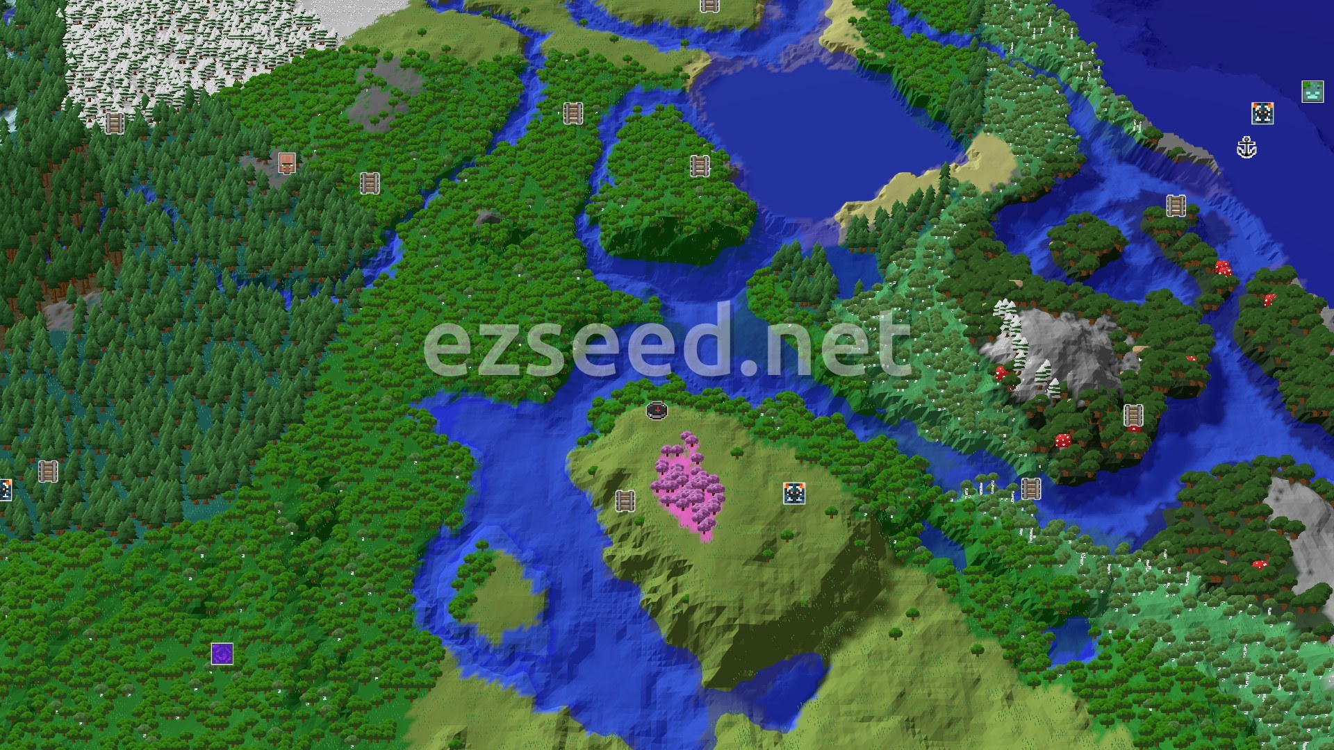 Aerial Minecraft seed map — Cherry Grove and Trial Chambers near a Forested Spawn