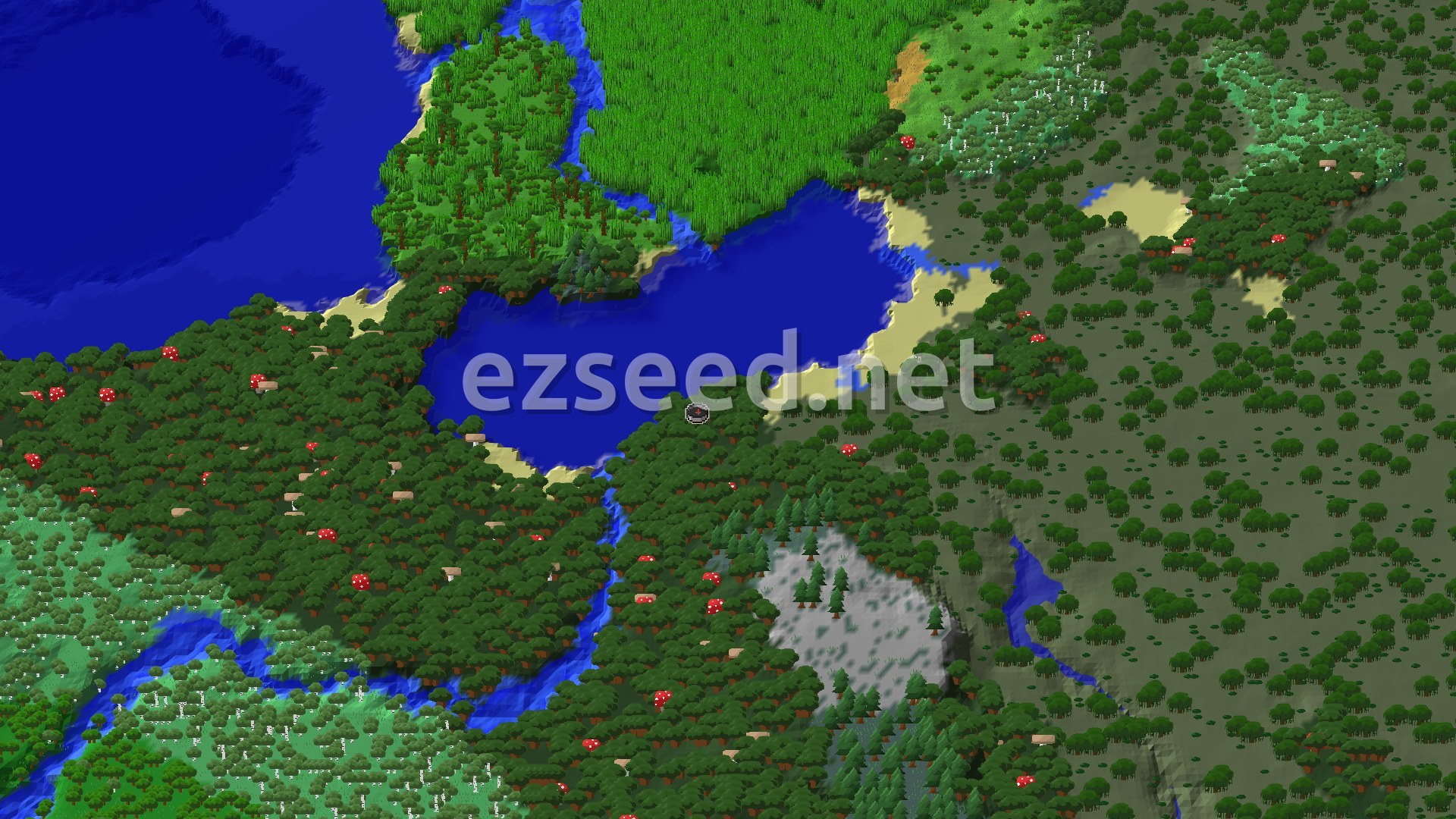 A 3D fly-over of a dense, dark forest landscape with a significant body of water to the north and west. Several red mushrooms are visible among the trees, and a river winds through the forest. The terrain is gently rolling.