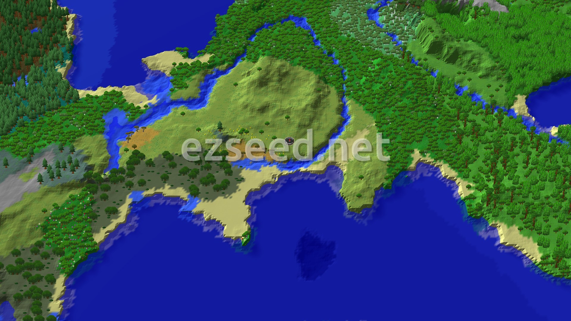 Aerial Minecraft seed map — Woodland Mansion and Jungle Nearby