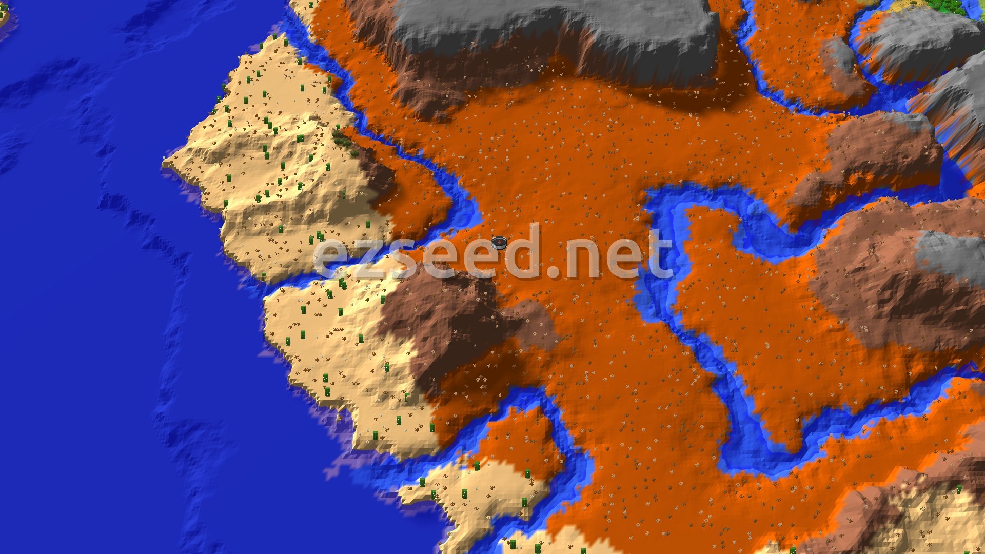 Aerial Minecraft seed map — Badlands and Desert Coasts with Eroded Cliffs Nearby