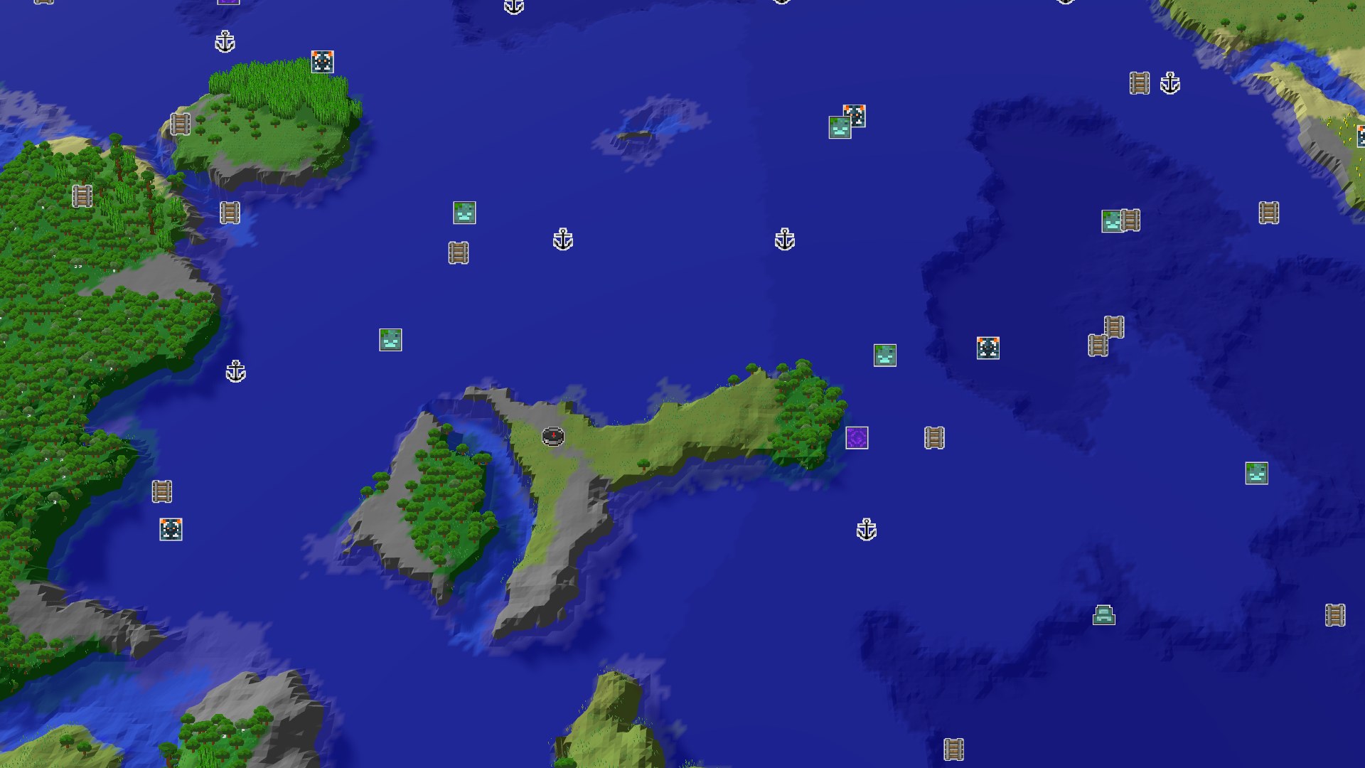 A bird's-eye view of a varied landscape around the spawn point. There is a small island of stony shore and forest, surrounded by vast expanses of ocean and lukewarm ocean. A river cuts through some land in the distance. The terrain is a mix of flat and gently sloping areas.
