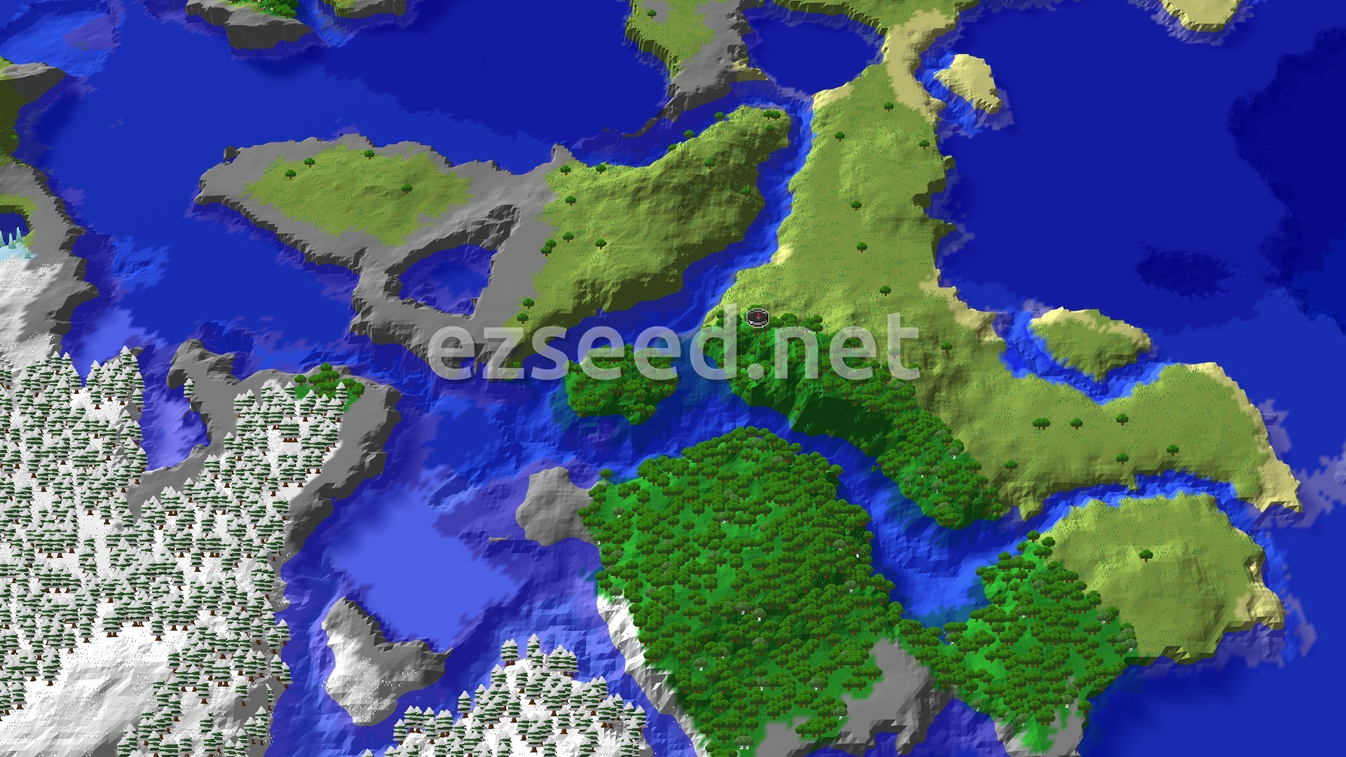 A bird's eye view of varied terrain with a small spawn marker. To the west, large snowy taiga forests and icy peaks meet a cold ocean. To the east, temperate forests and plains give way to a large ocean.