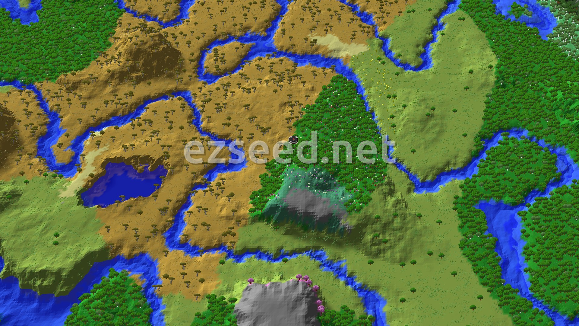 Aerial Minecraft seed map — Flower Forest Spawn with Nearby Savanna and Village