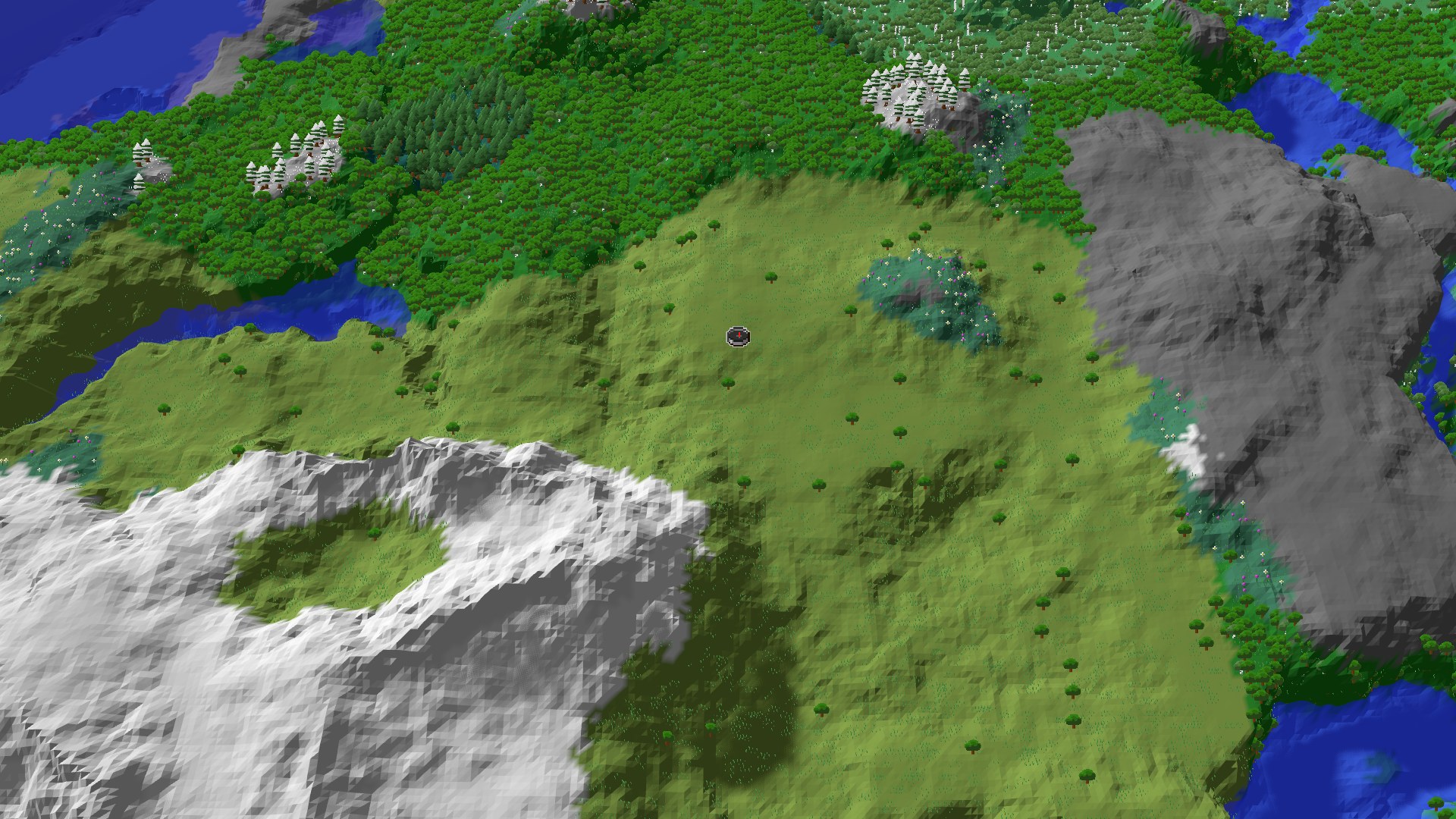 Aerial Minecraft seed map — A Mountainous World with Diverse Biomes Near Spawn
