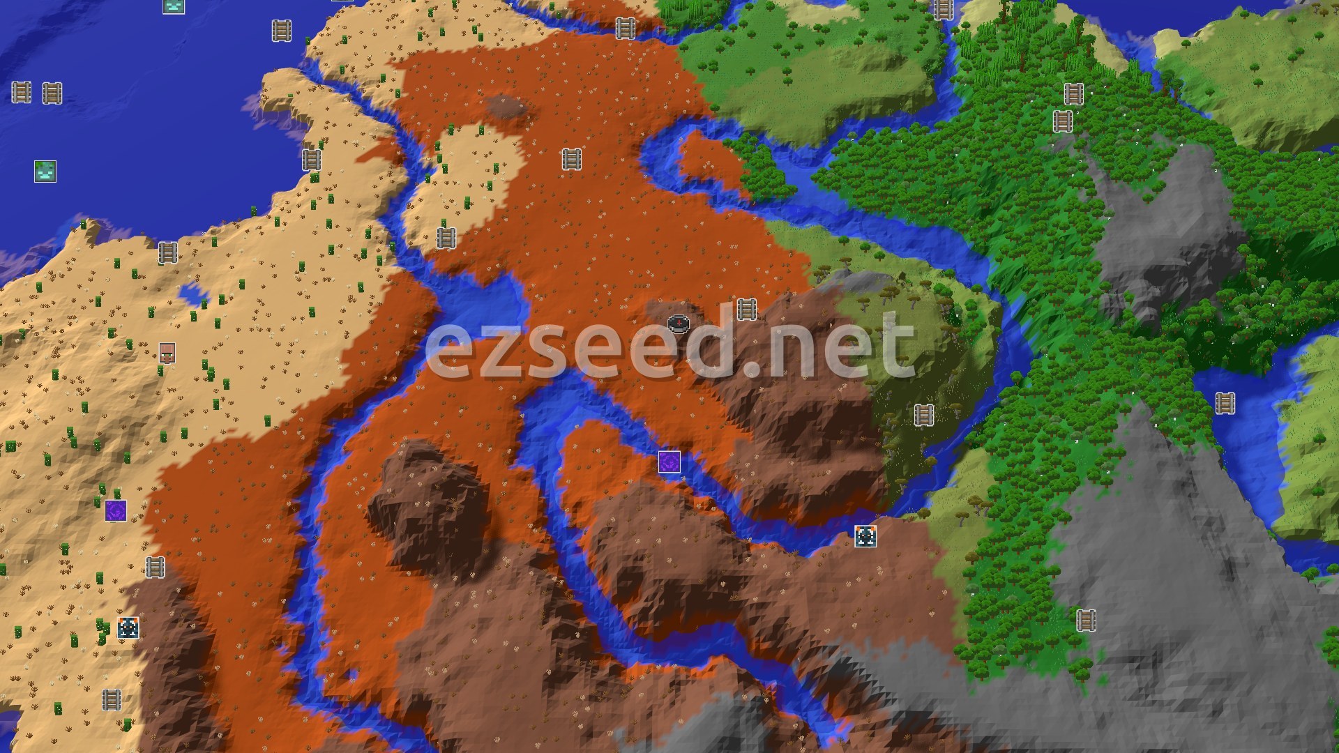 Aerial Minecraft seed map — Badlands and Peaks: A Desert-Adjacent Start