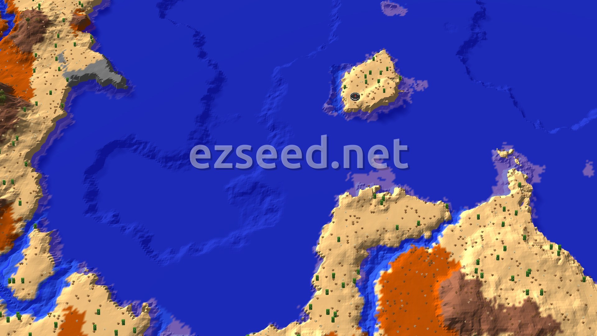 Aerial Minecraft seed map — Desert and Warm Ocean with Nearby Badlands