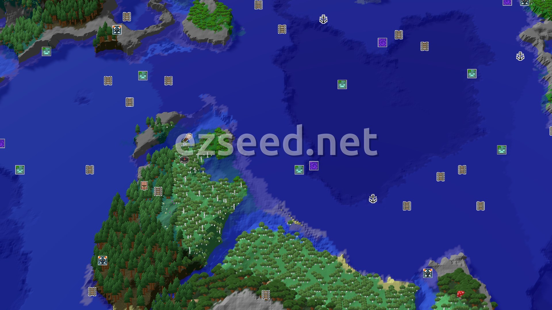 Aerial Minecraft seed map — Old Growth Forests and a Nearby Village