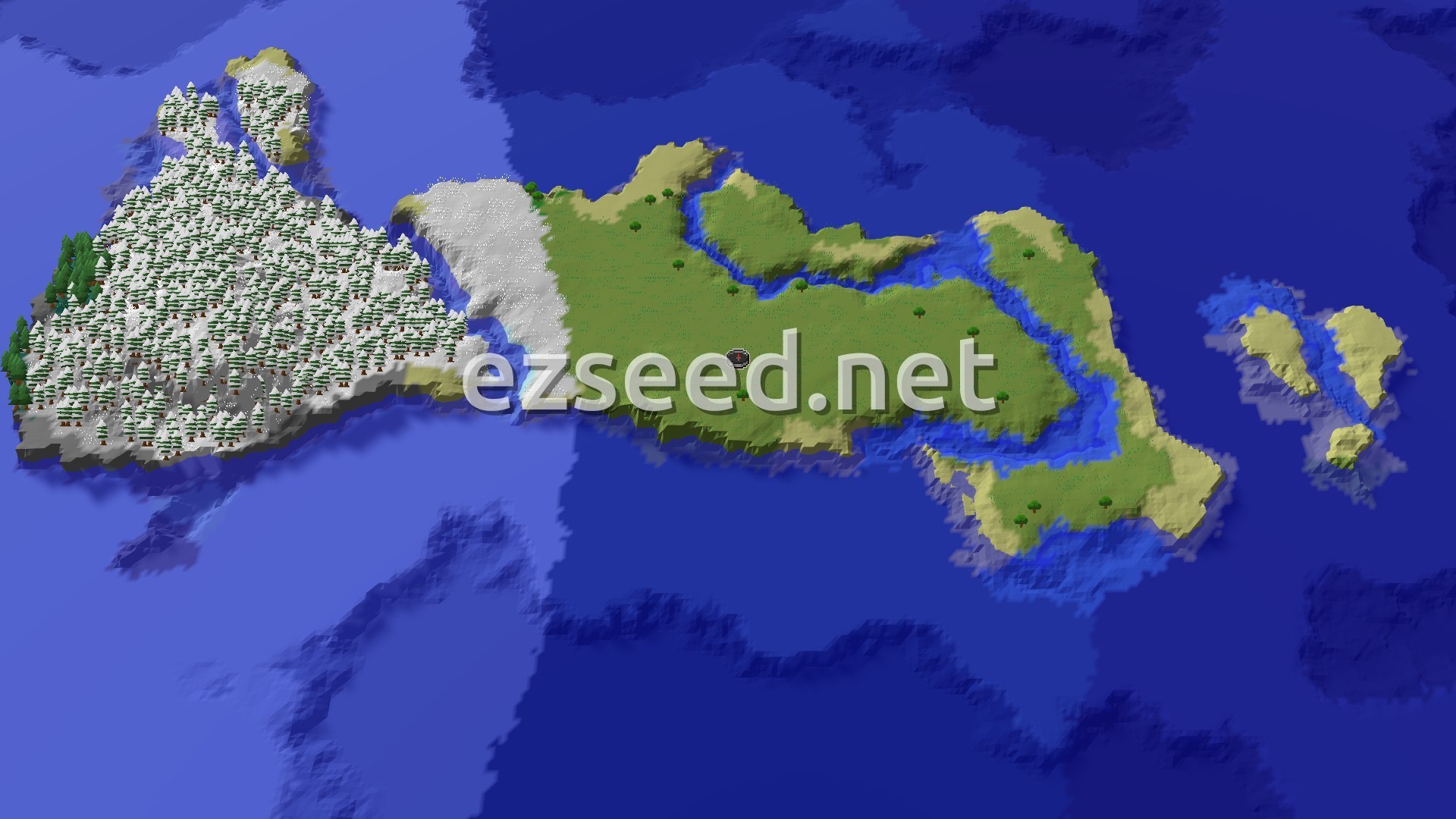 An aerial view of a large island. The left side is covered in snowy taiga trees, leading into a snow-covered mountain. The center is a green plains biome with a river winding through it, and the right side features smaller islands and open ocean.