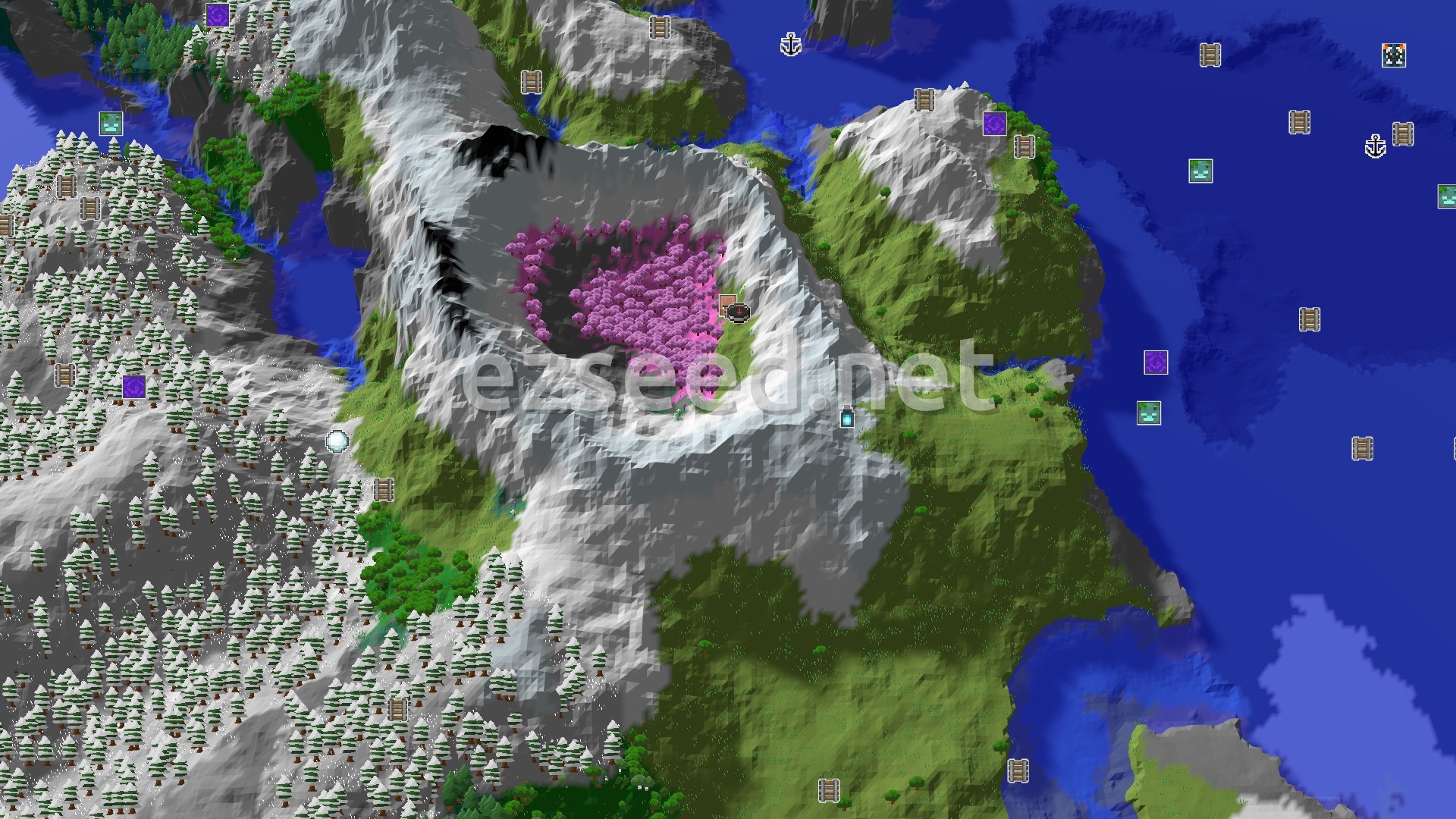 Aerial Minecraft seed map — Cherry Grove Mountain with a Nearby Village