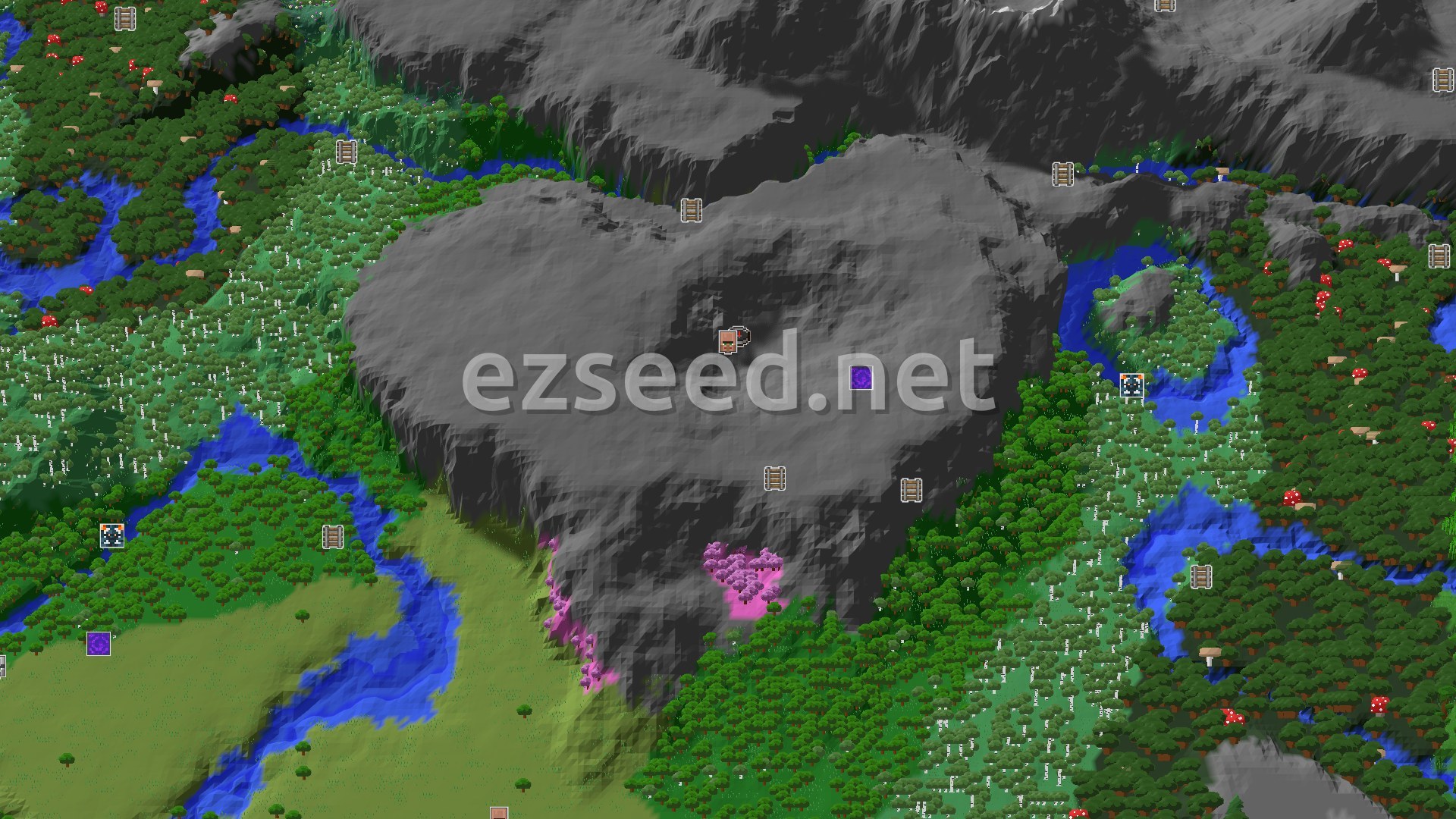 Aerial Minecraft seed map — Plains Spawn with a Near Village and Cherry Grove