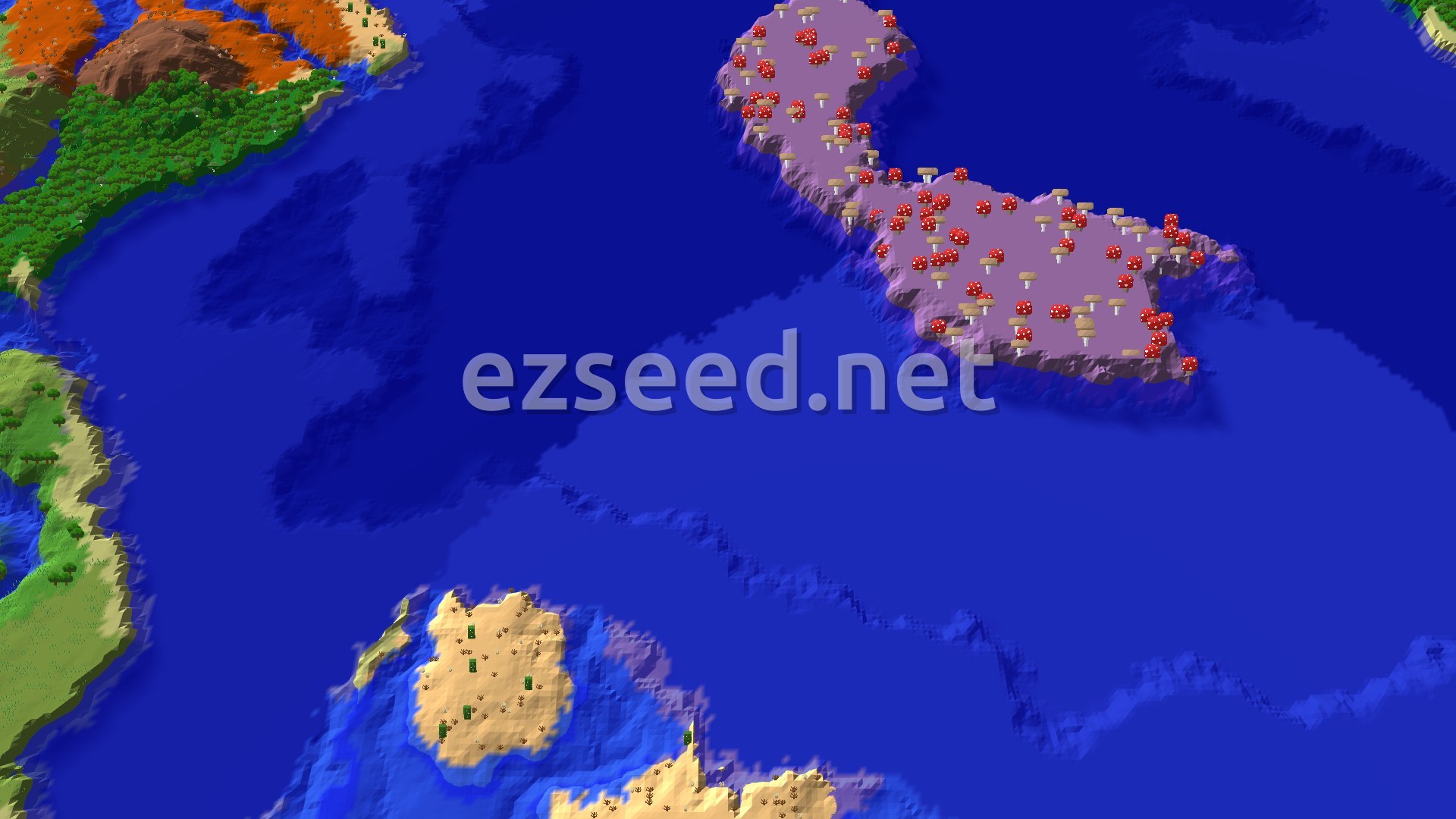 Aerial Minecraft seed map — Mushroom Fields Near Spawn with Varied Biomes