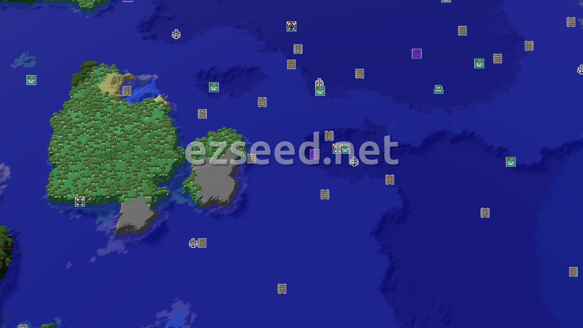 Aerial Minecraft seed map — Dark Forest Island Survival with Close Ruined Portal