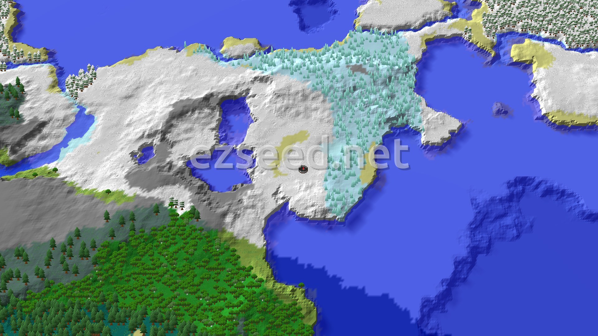 Aerial Minecraft seed map — Ice Spikes Near Spawn Amidst Snowy Biomes