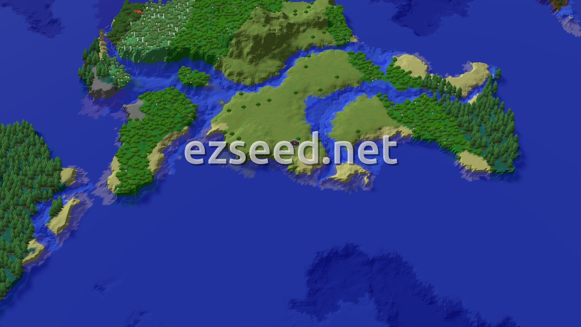 An overhead 3D view of a large landmass surrounded by ocean, with a spawn marker on a grassy plain. Forests and beaches line the coast.