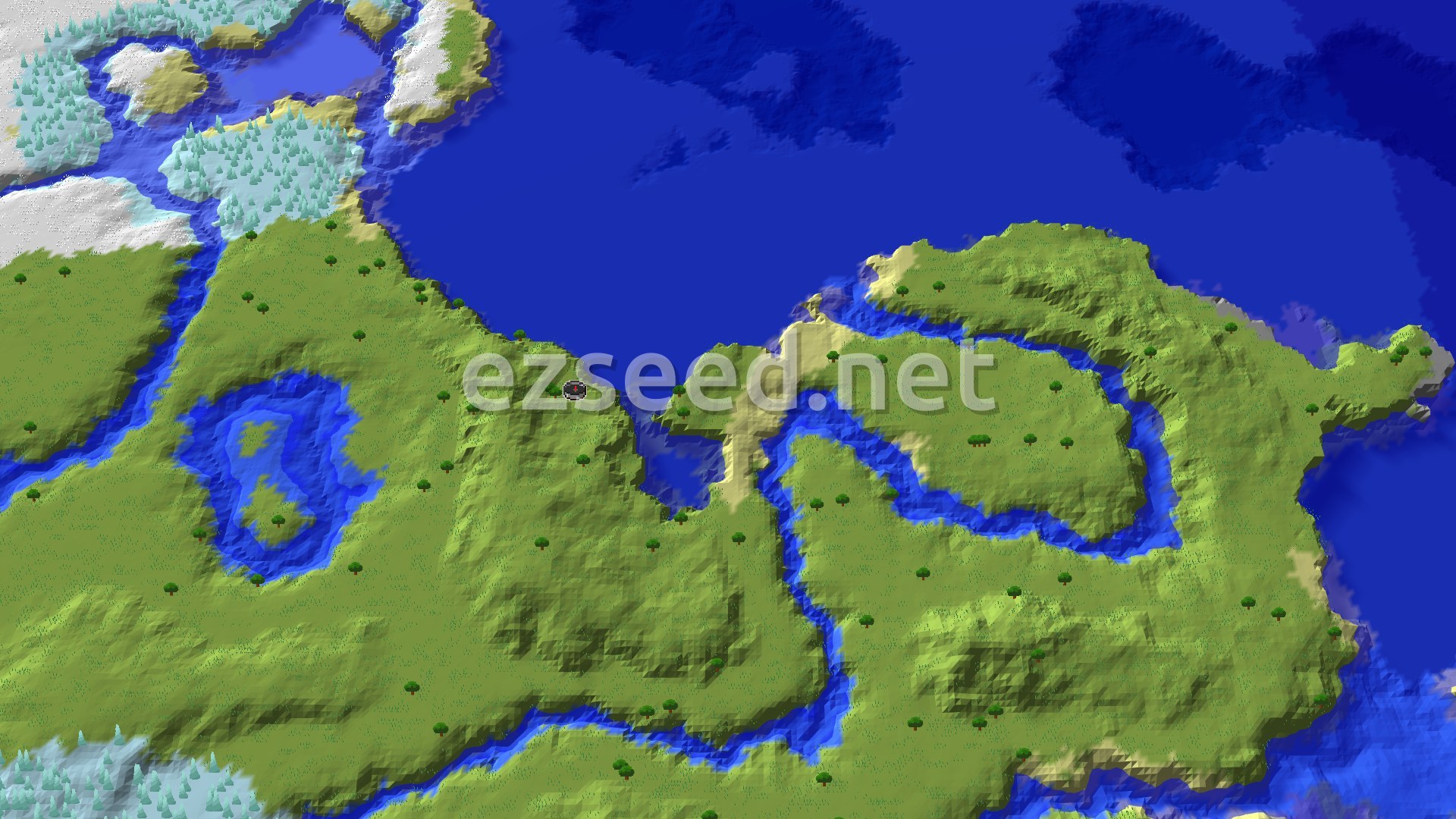 An aerial 3D rendering of a mostly flat, green plains biome with scattered trees, bordered by a large blue ocean and a section of snowy, icy terrain to the north.