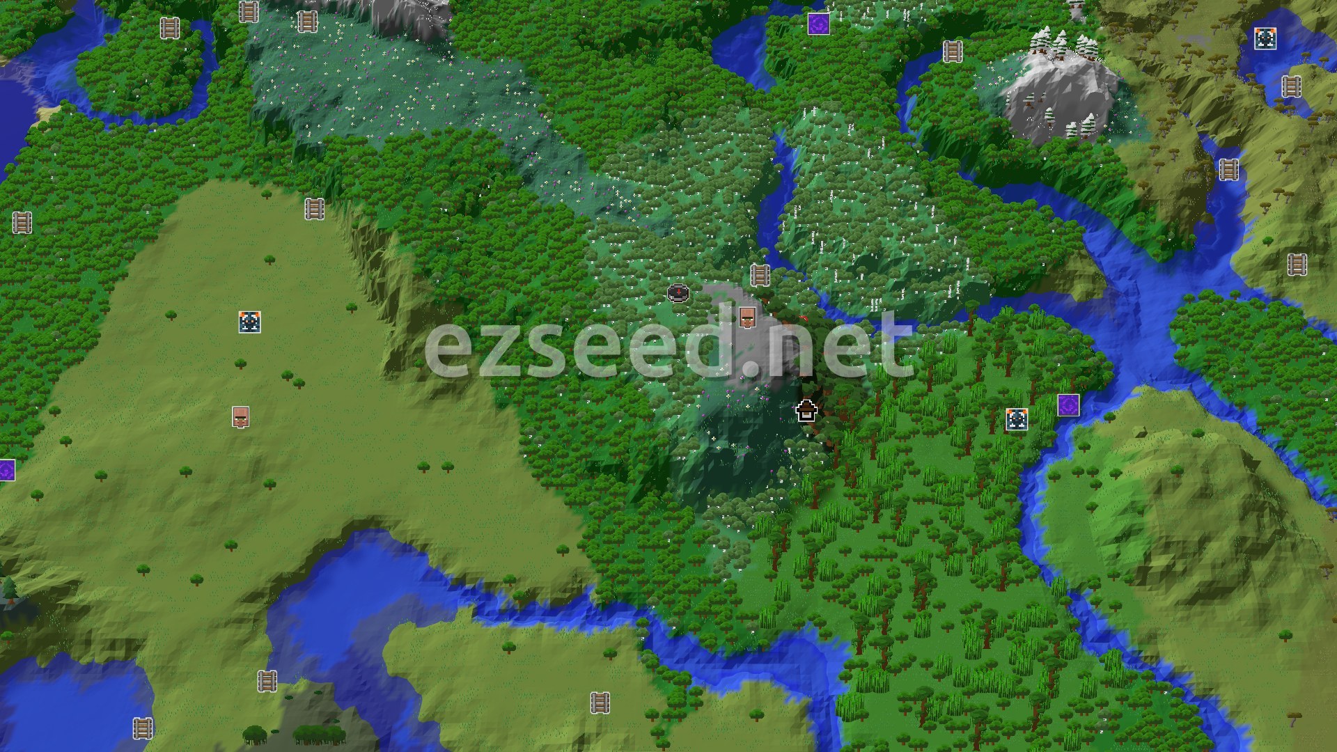 Aerial Minecraft seed map — A Woodland Mansion Near Spawn, with Many Biomes