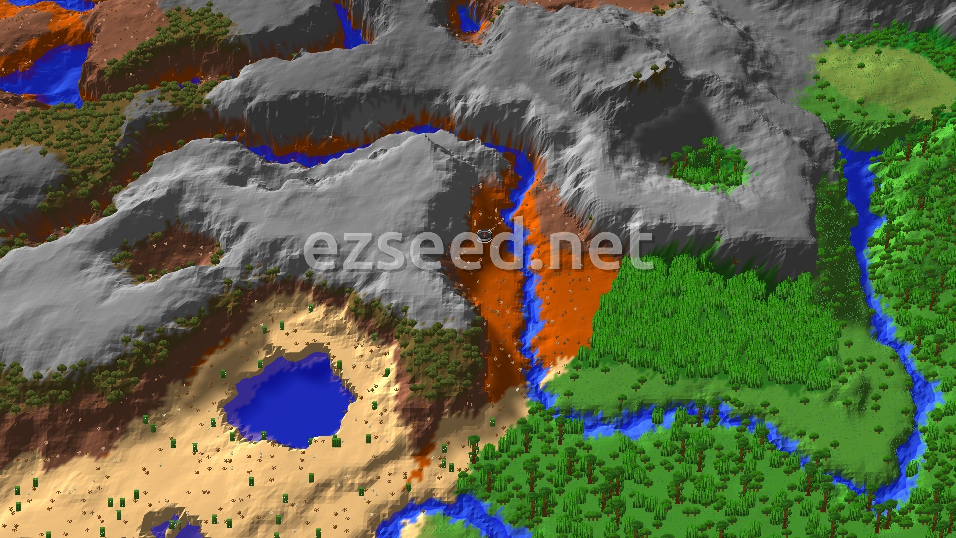 Aerial Minecraft seed map — Wooded Badlands Spawn with Nearby Ancient City