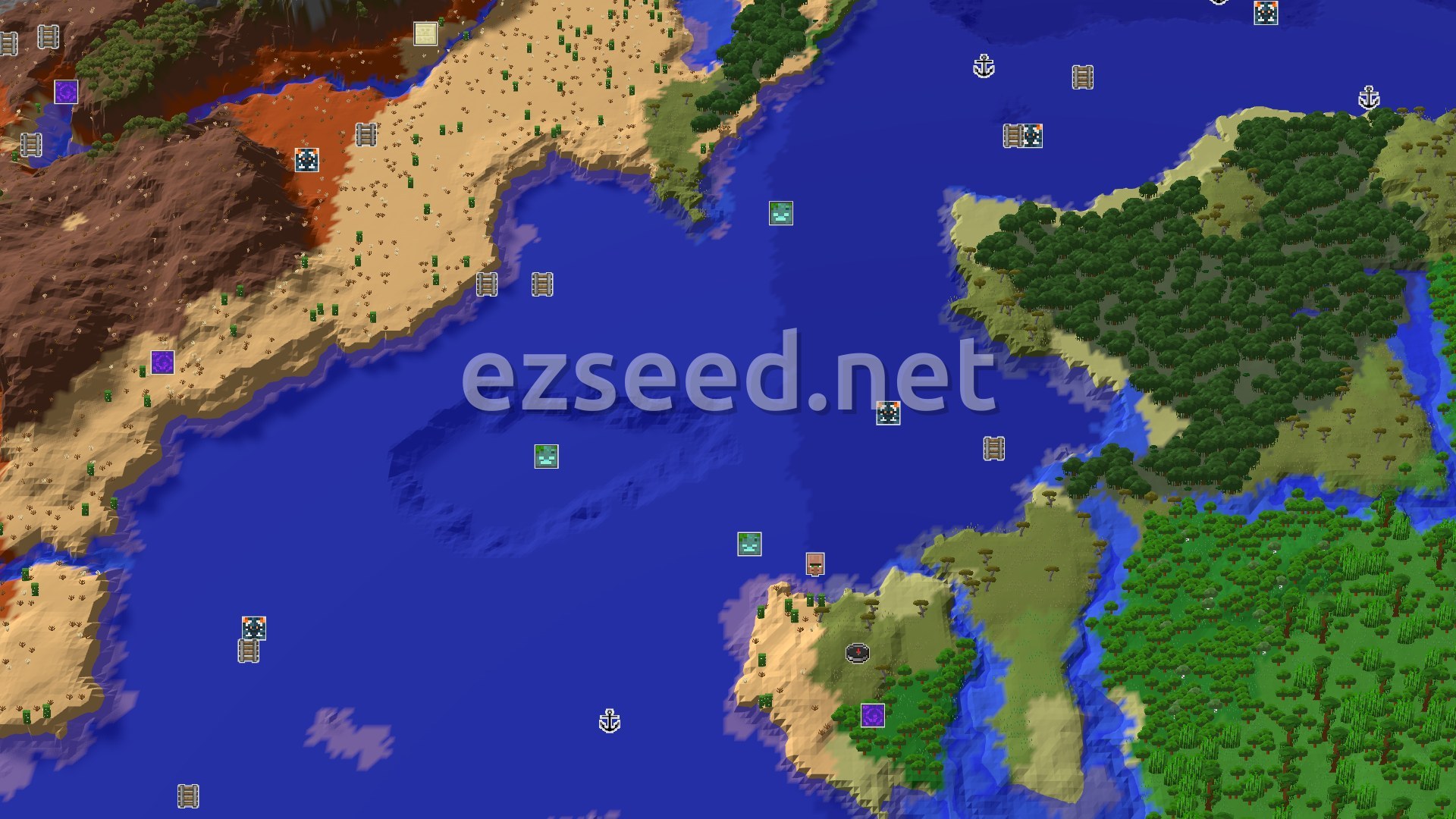 Aerial Minecraft seed map — Savanna Spawn with Nearby Village and Jungle Temple