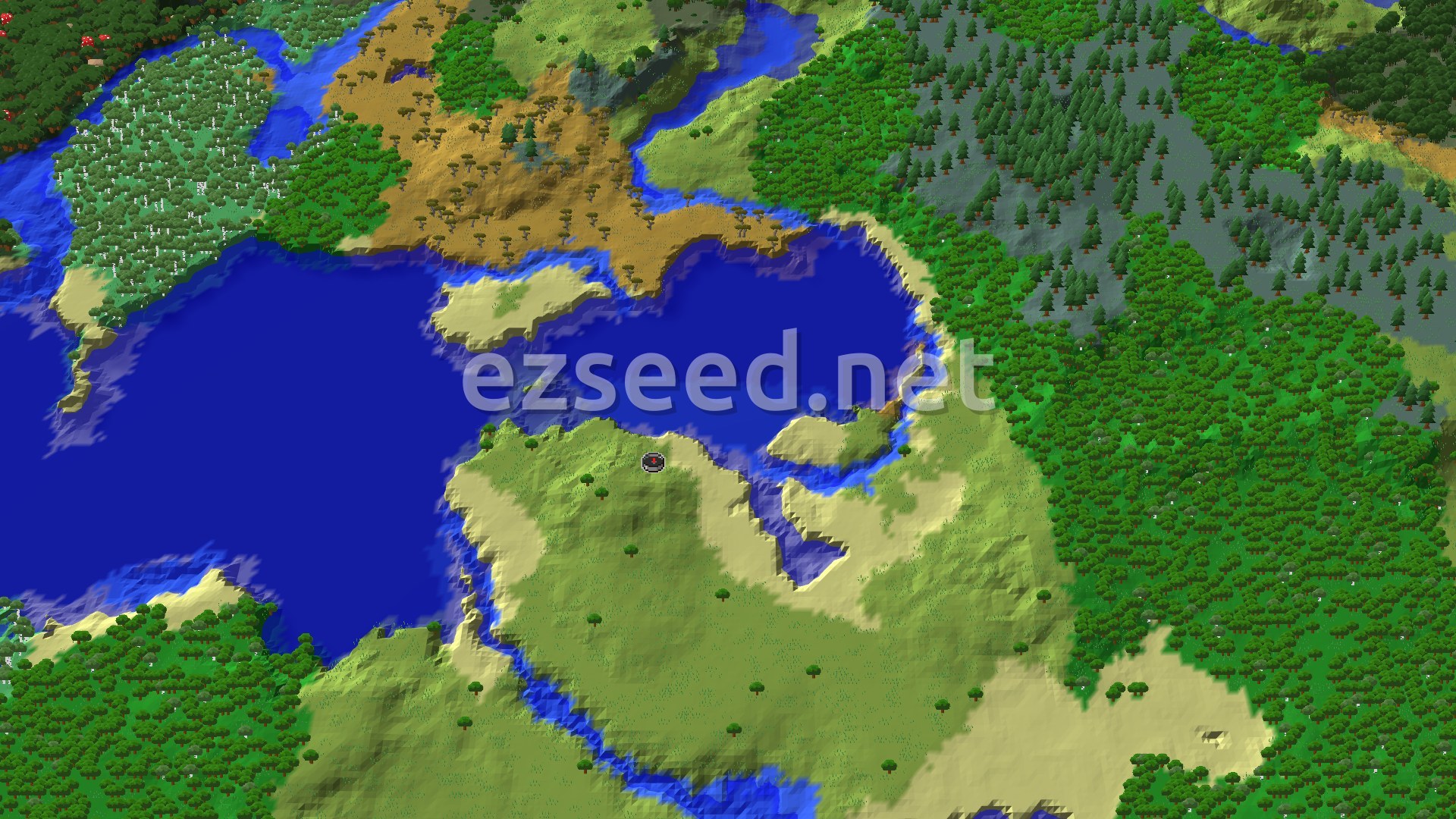 An aerial 3D view of the spawn area, showing a mix of plains, forests, and winding rivers around a central body of water, with a small spawn marker.
