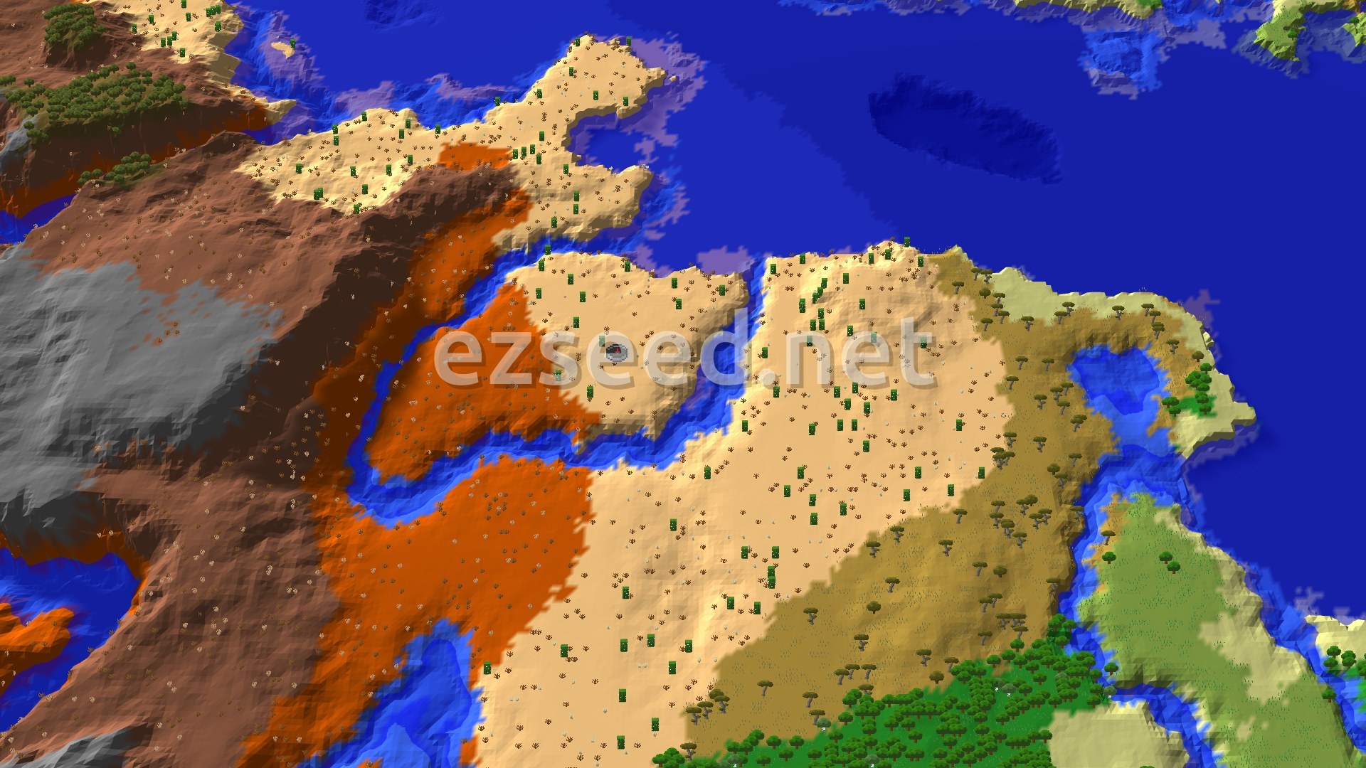 Aerial Minecraft seed map — Badlands and Desert with an Early Village