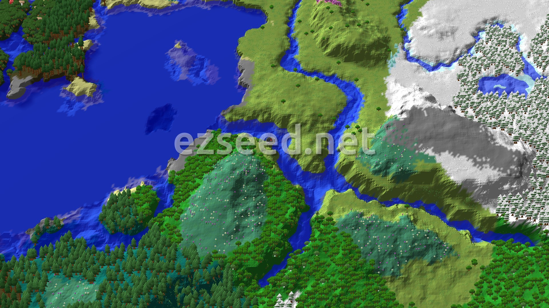 Aerial Minecraft seed map — A River Runs Through It: Diverse Biomes and Nearby Peaks
