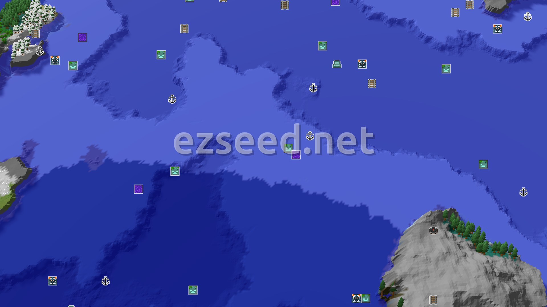 Aerial Minecraft seed map — Ice, Ocean, and an Early Trial Chambers Challenge