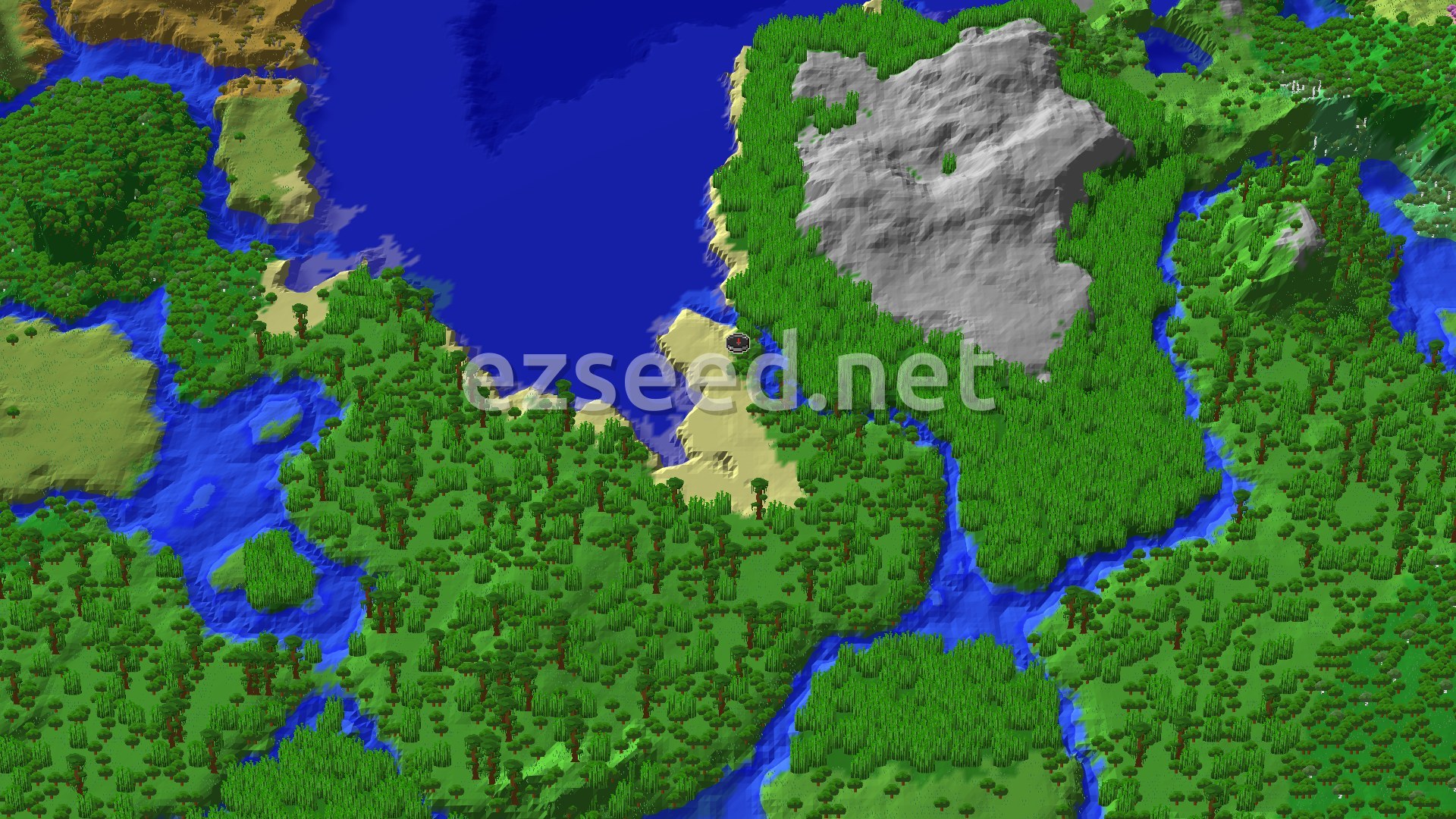 An aerial view of a verdant jungle landscape with rivers, beaches, and a large body of water, with a grey mountain range visible in the distance and the spawn marker centrally located near a sandy shore.