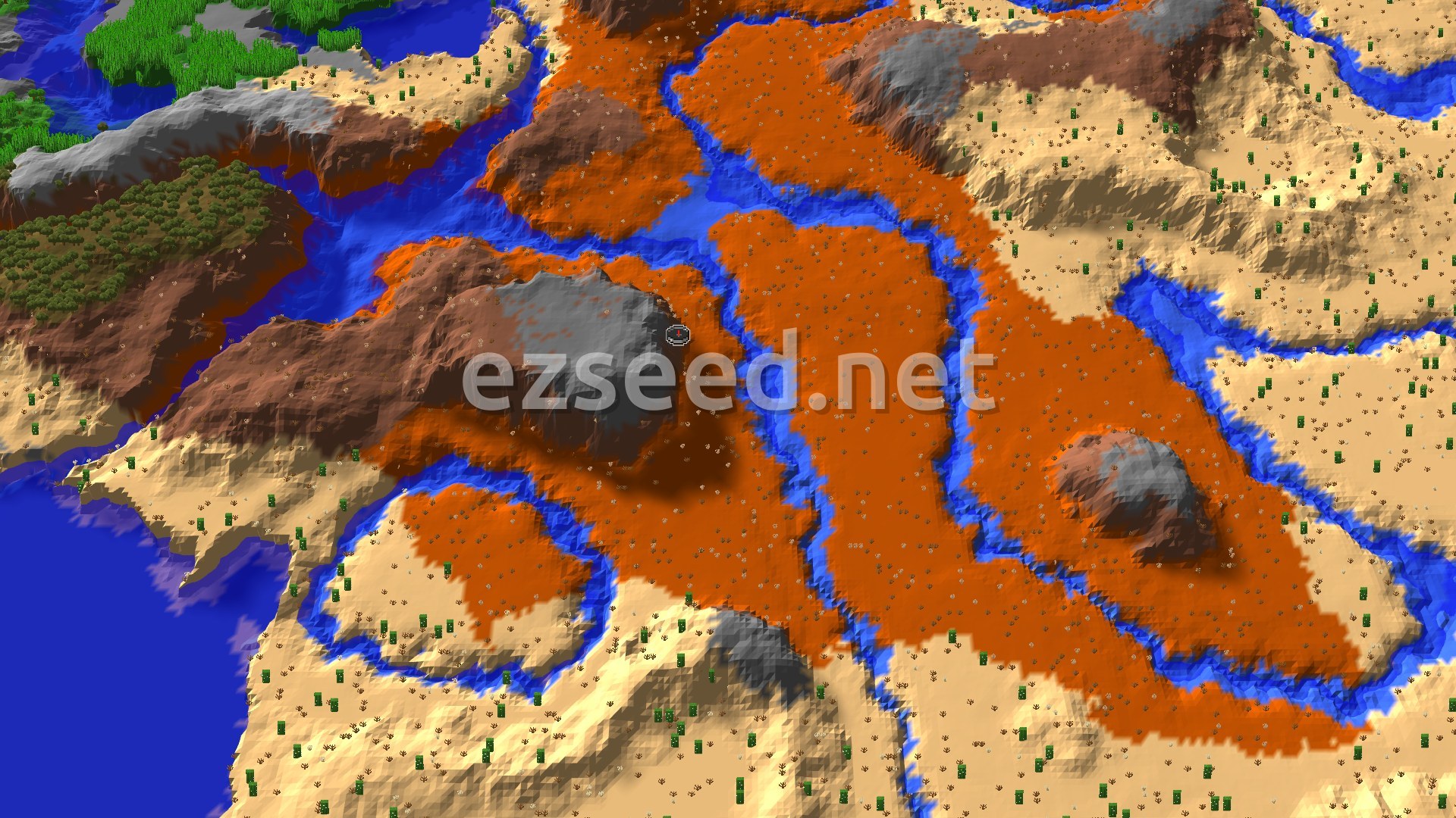 An aerial view of a vibrant Eroded Badlands landscape, crisscrossed by rivers, with adjacent desert and wooded badlands biomes, and a small spawn marker.