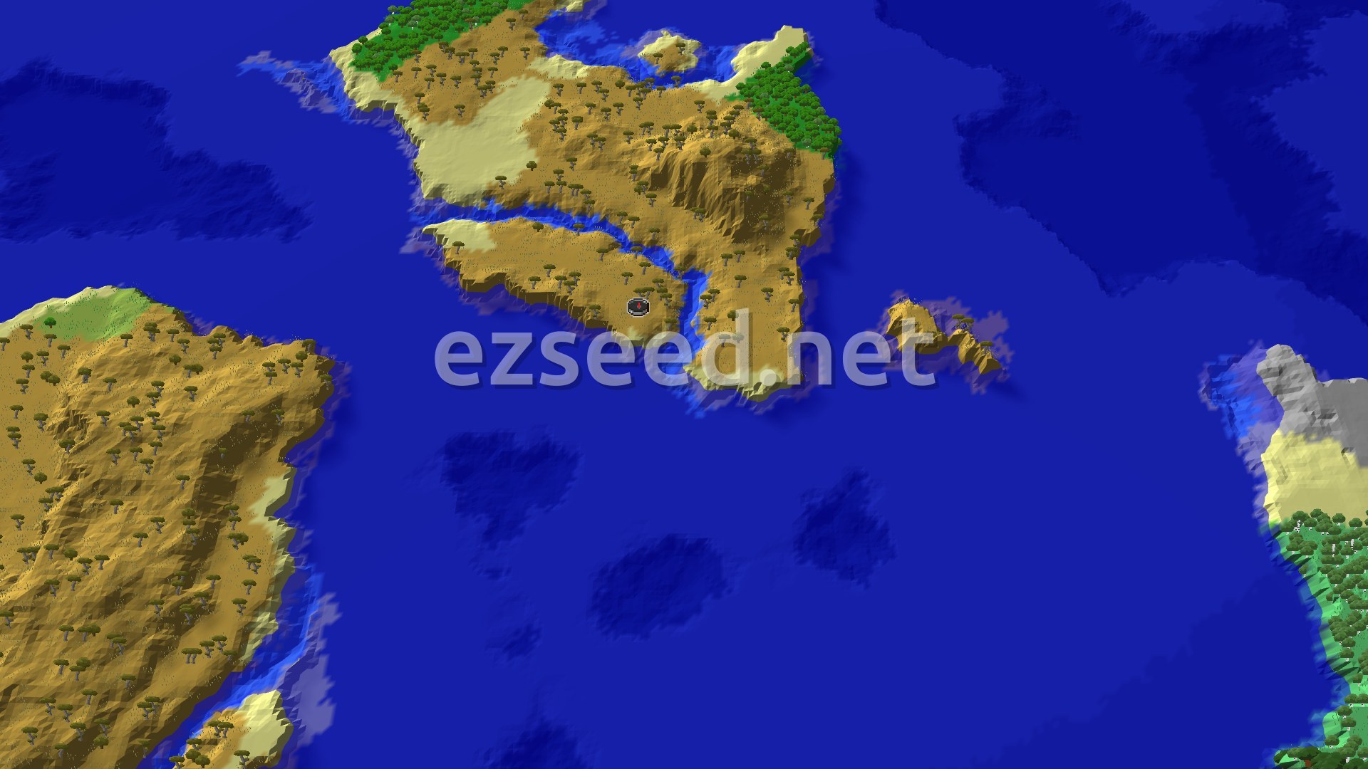 Aerial Minecraft seed map — Savanna Spawn with a Close Woodland Mansion