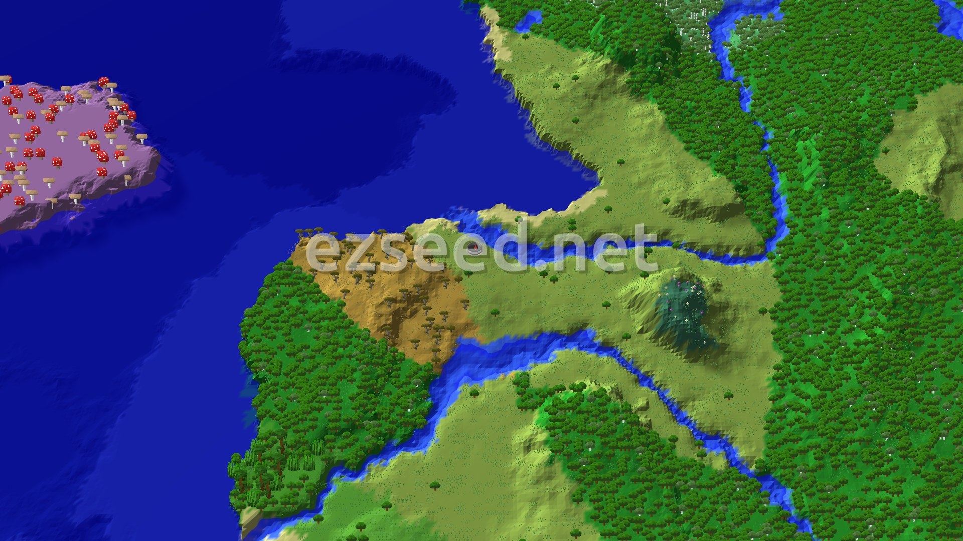Aerial Minecraft seed map — Mushroom Fields and a Sprawling Forest Near Spawn