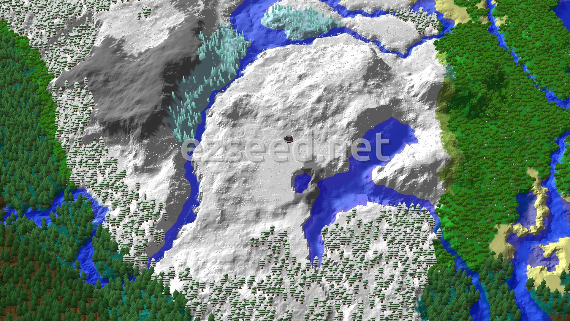 A 3D fly-over of a snowy mountain range with a river and forest biomes on the eastern edge. A small spawn marker is visible in the center.