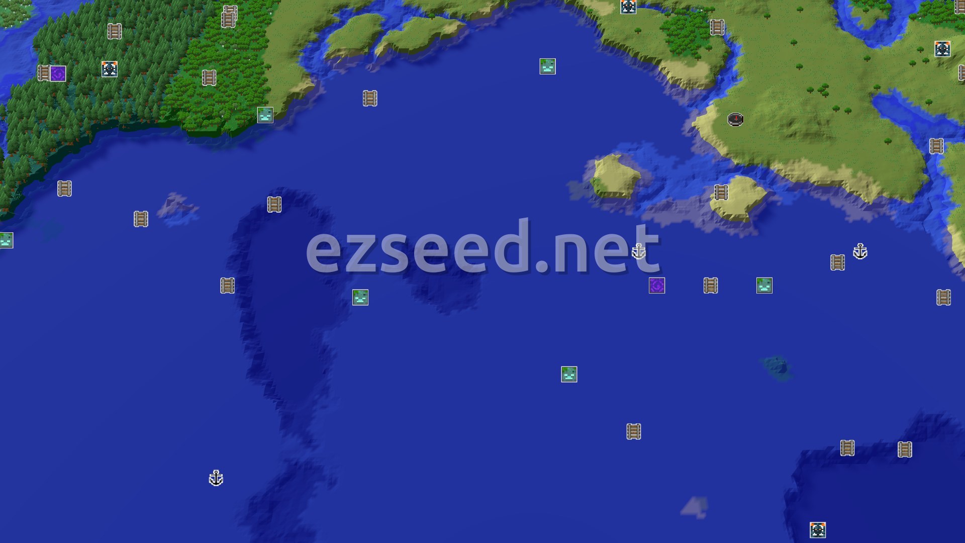 Aerial Minecraft seed map — Ocean-Adjacent Plains with Quick Underground Access