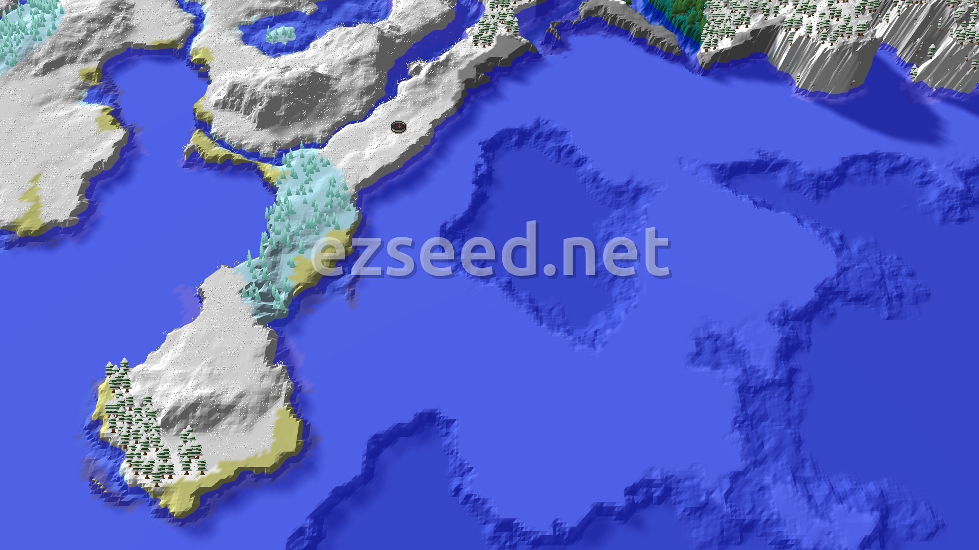 Aerial Minecraft seed map — Frozen Ocean Start with Nearby Ice Spikes and Trial Chambers
