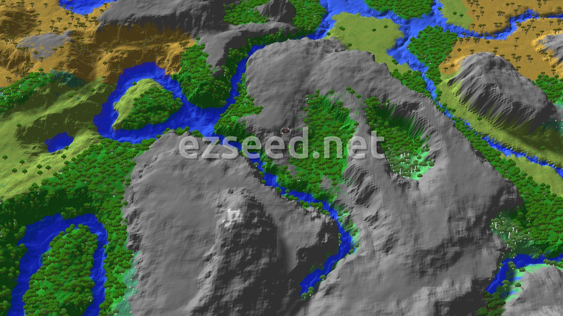 A 3D fly-over rendering of the Minecraft world around the spawn point, showing dense green forests, winding blue rivers, and dramatic gray jagged peaks, with flatter plains and savanna biomes in the distance.