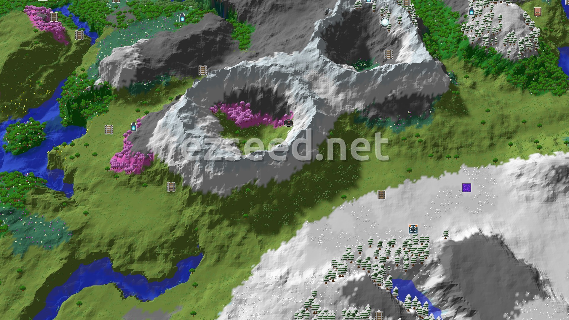 Aerial Minecraft seed map — Spawn in Plains with Mountains and Cherry Groves Nearby