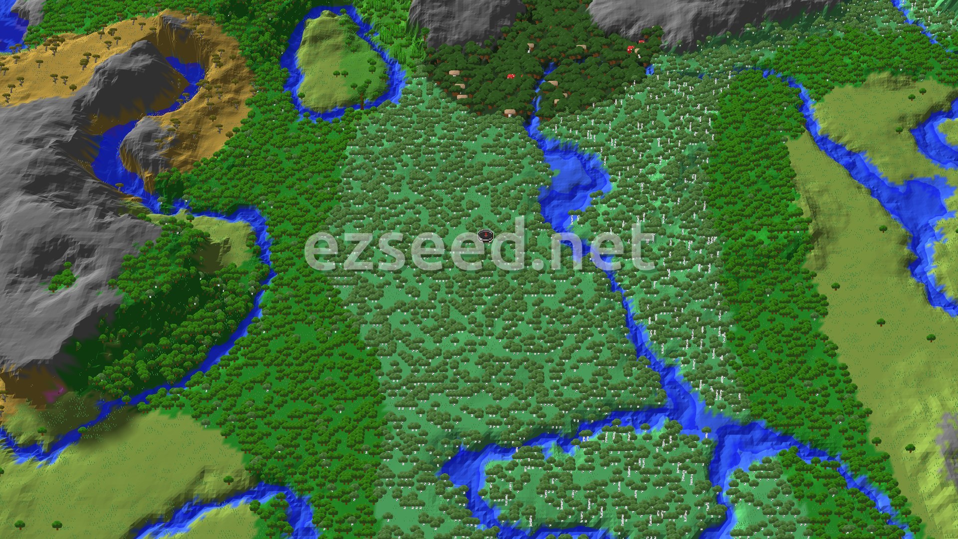 A 3D overhead view of a dense birch forest and mixed forest, with a river winding through, and mountains in the distance.