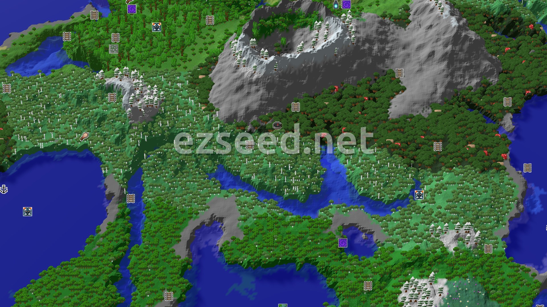 Aerial Minecraft seed map — A Lush Forest Start with Close Mountains and Jungle