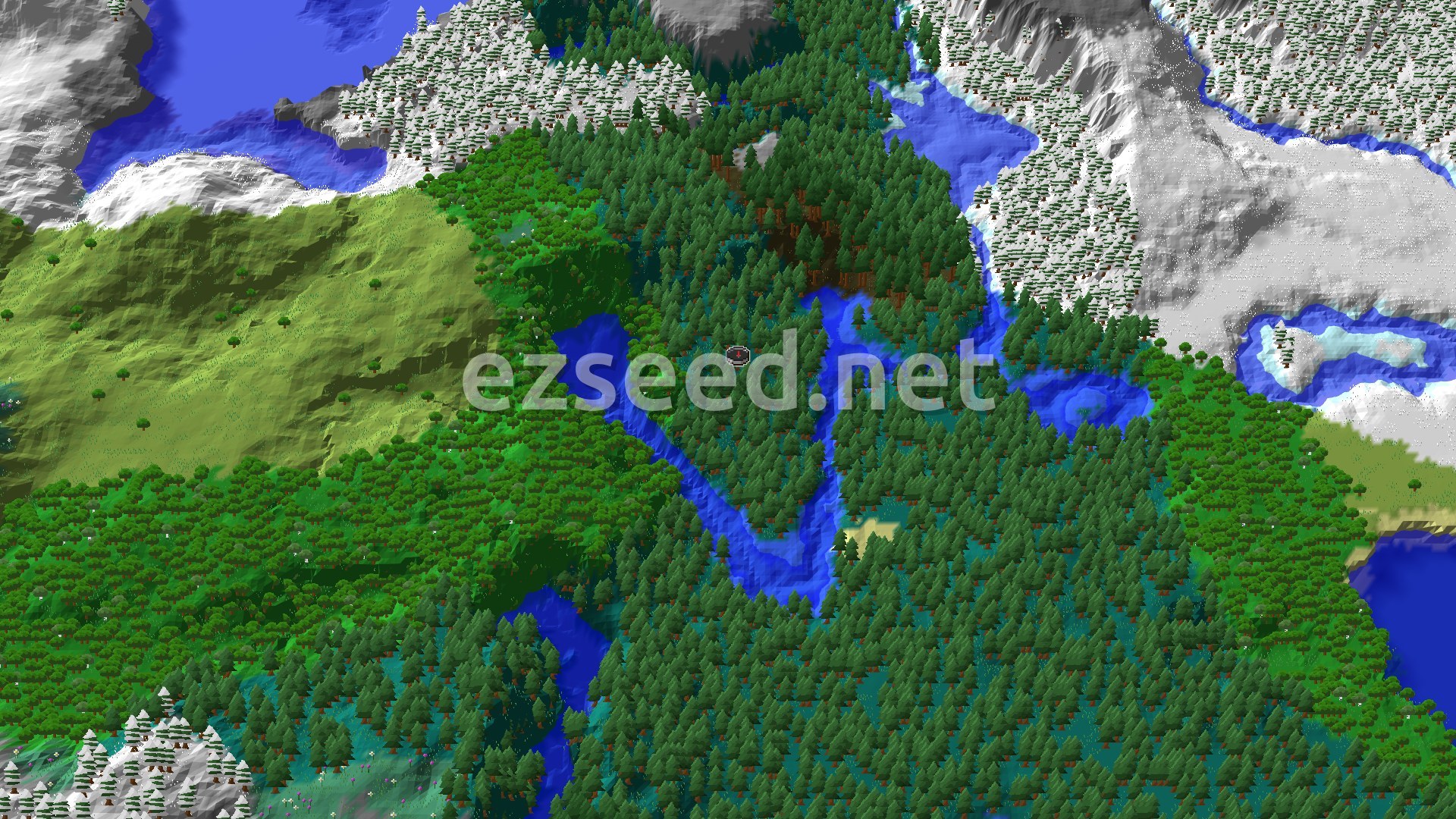 Aerial Minecraft seed map — Trial Chambers and Ancient City Near Snowy Mountains
