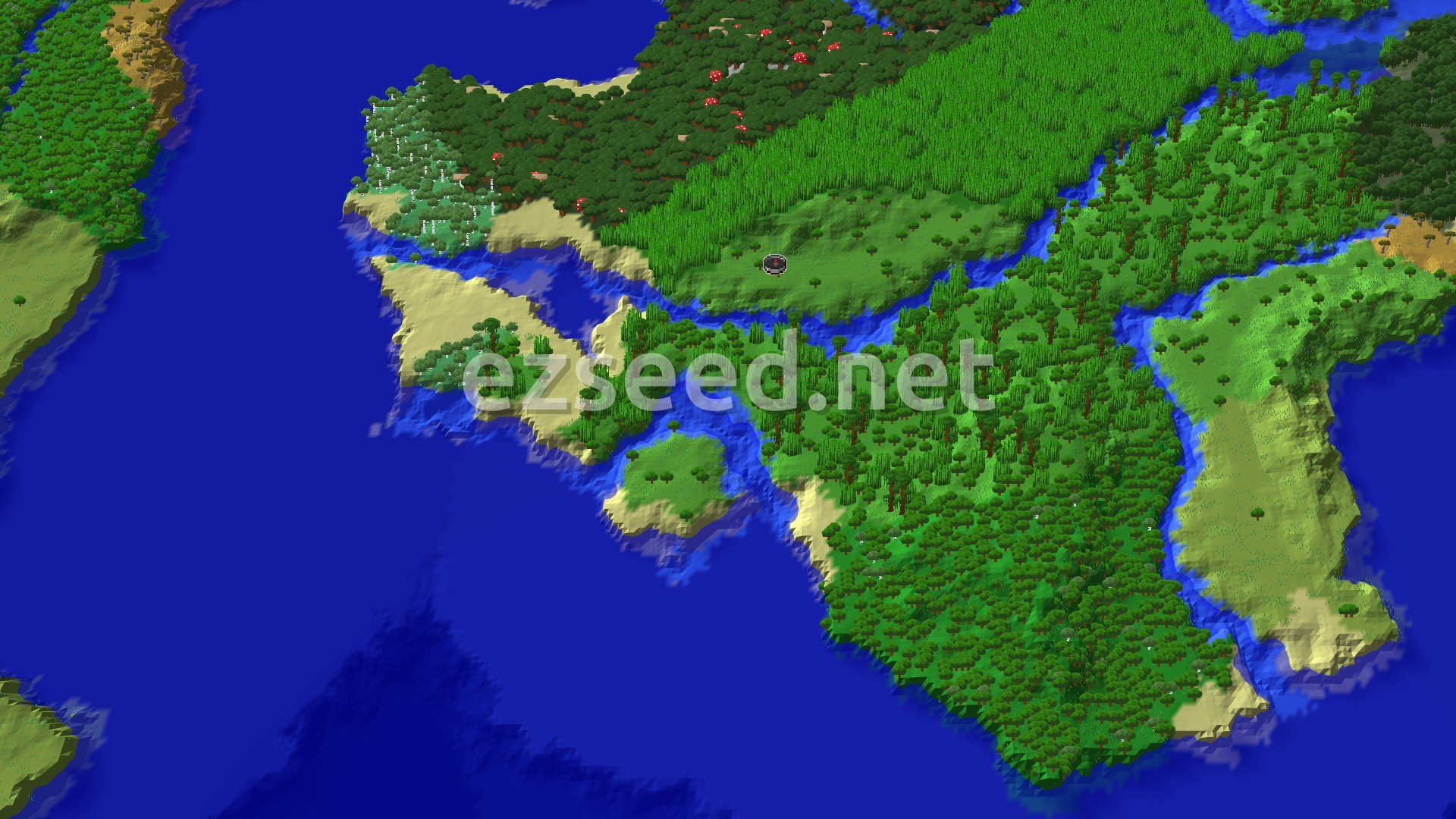 A 3D fly-over rendering of the world around spawn, showing dense green jungle and sparse jungle biomes, with rivers winding through the landscape and expansive blue oceans.