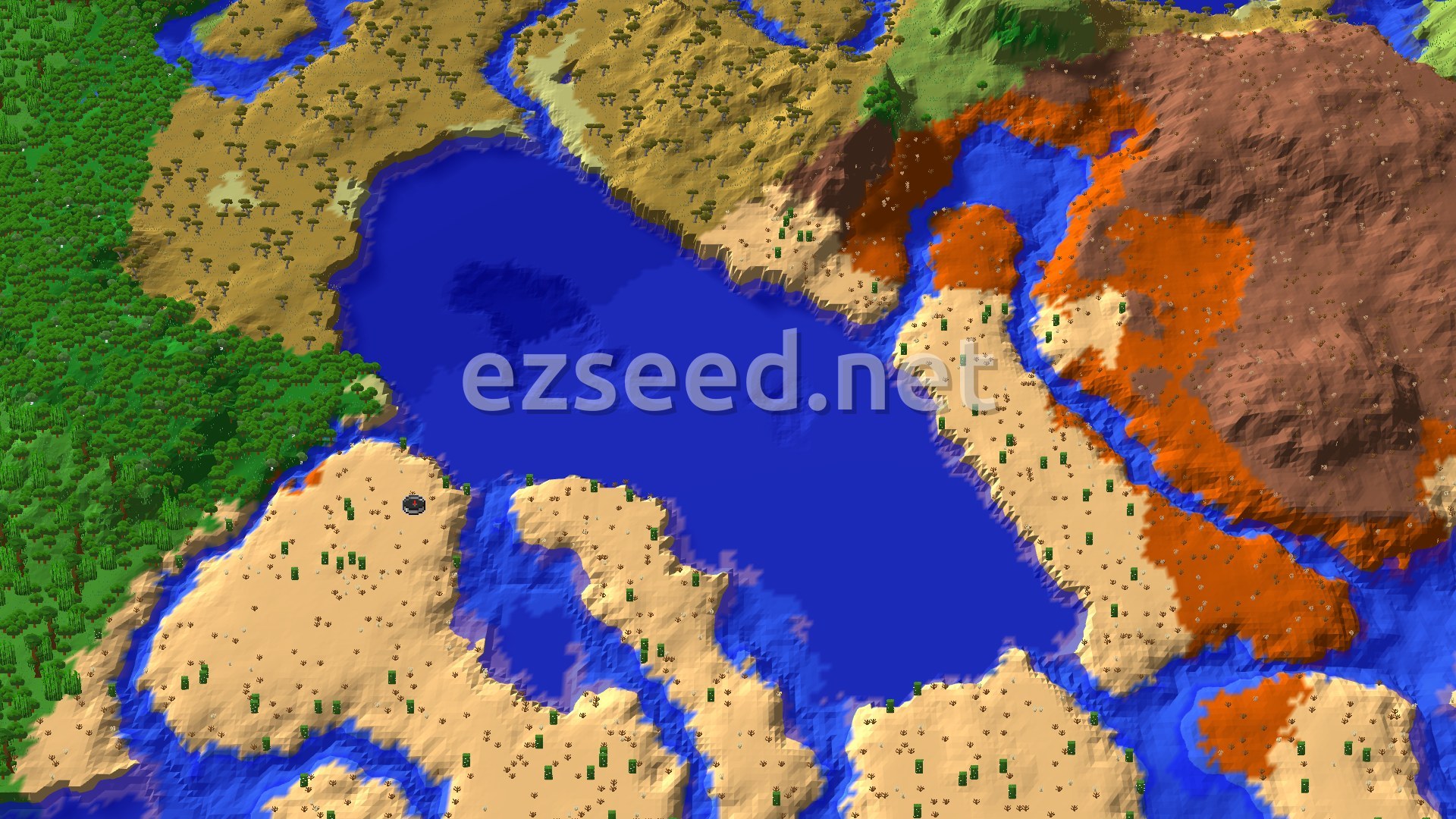 Aerial Minecraft seed map — Desert Spawn with a Nearby Village and Badlands
