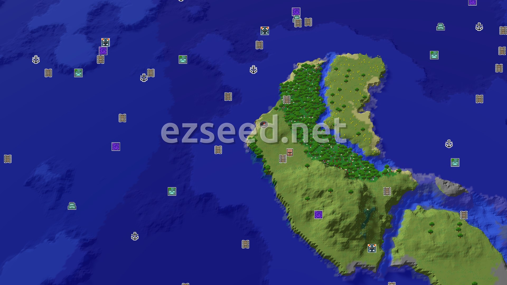 Aerial Minecraft seed map — An Island Start with Close Underwater Adventures
