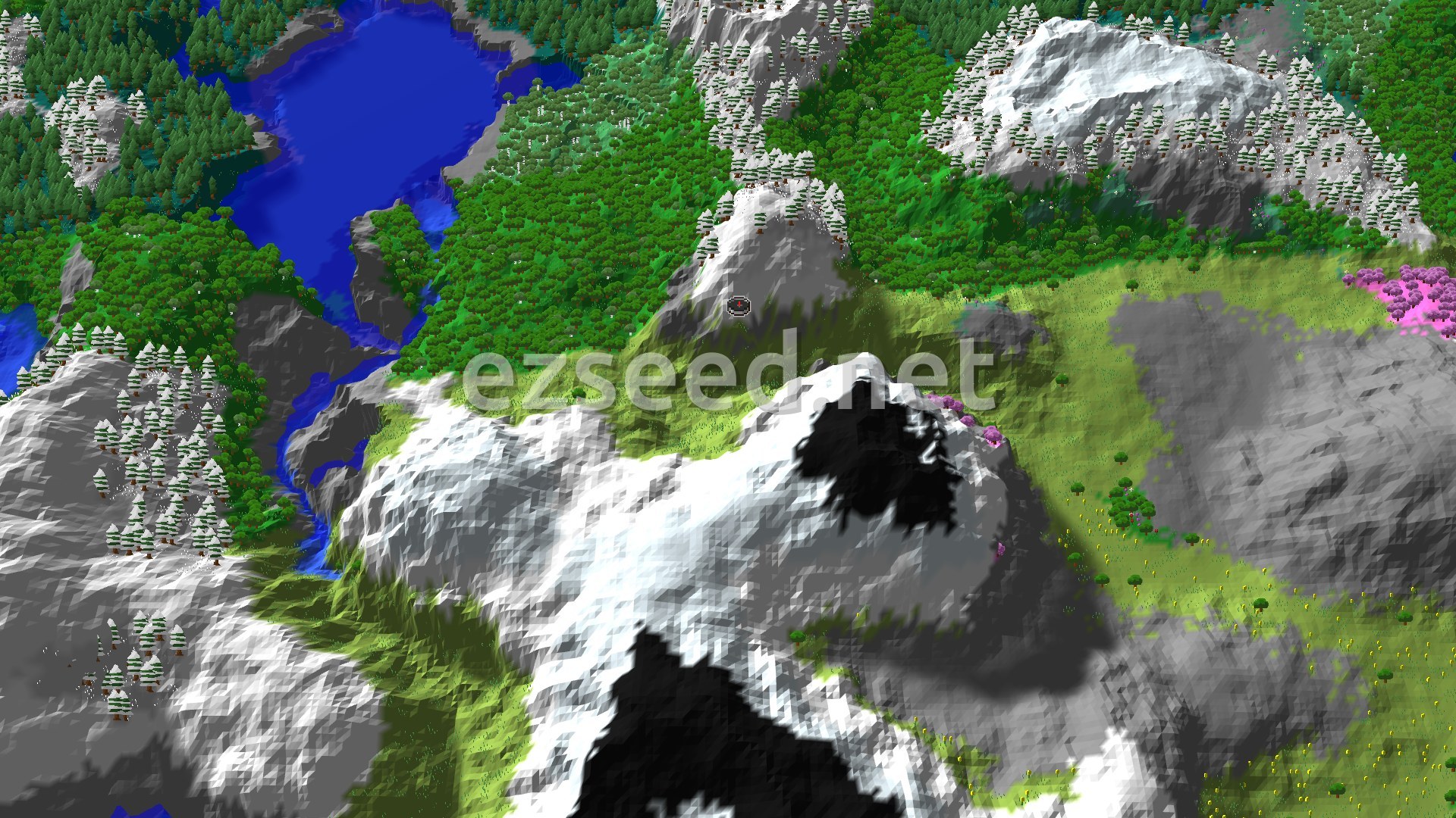 Aerial Minecraft seed map — Ancient City Next to Snowy Peaks and Cherry Grove