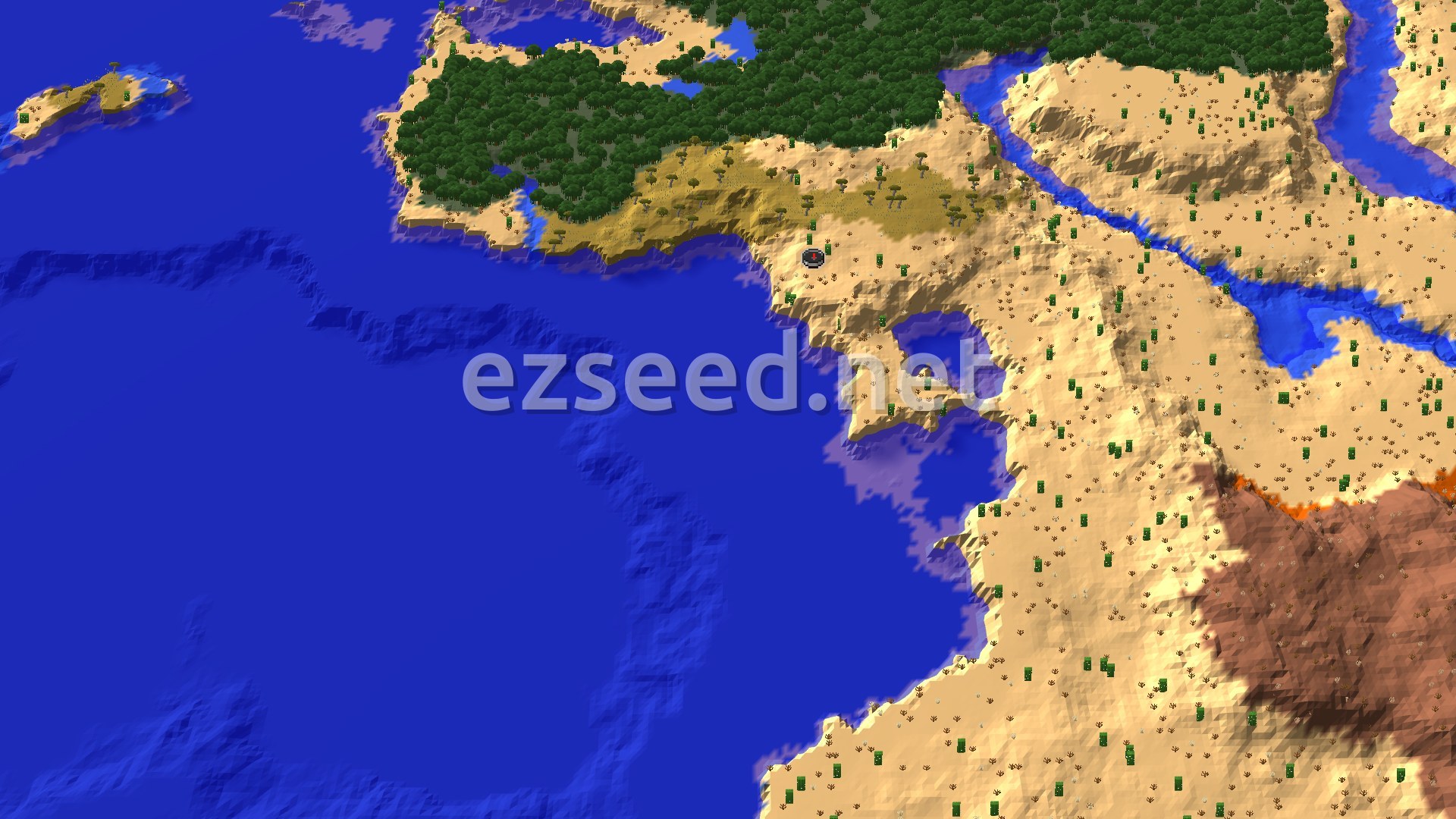 An overhead view shows a large body of deep blue water to the left, with sandy desert terrain and scattered green cacti making up the central and right portions. A river meanders through the desert, and a forest of dark green trees borders the desert to the north.