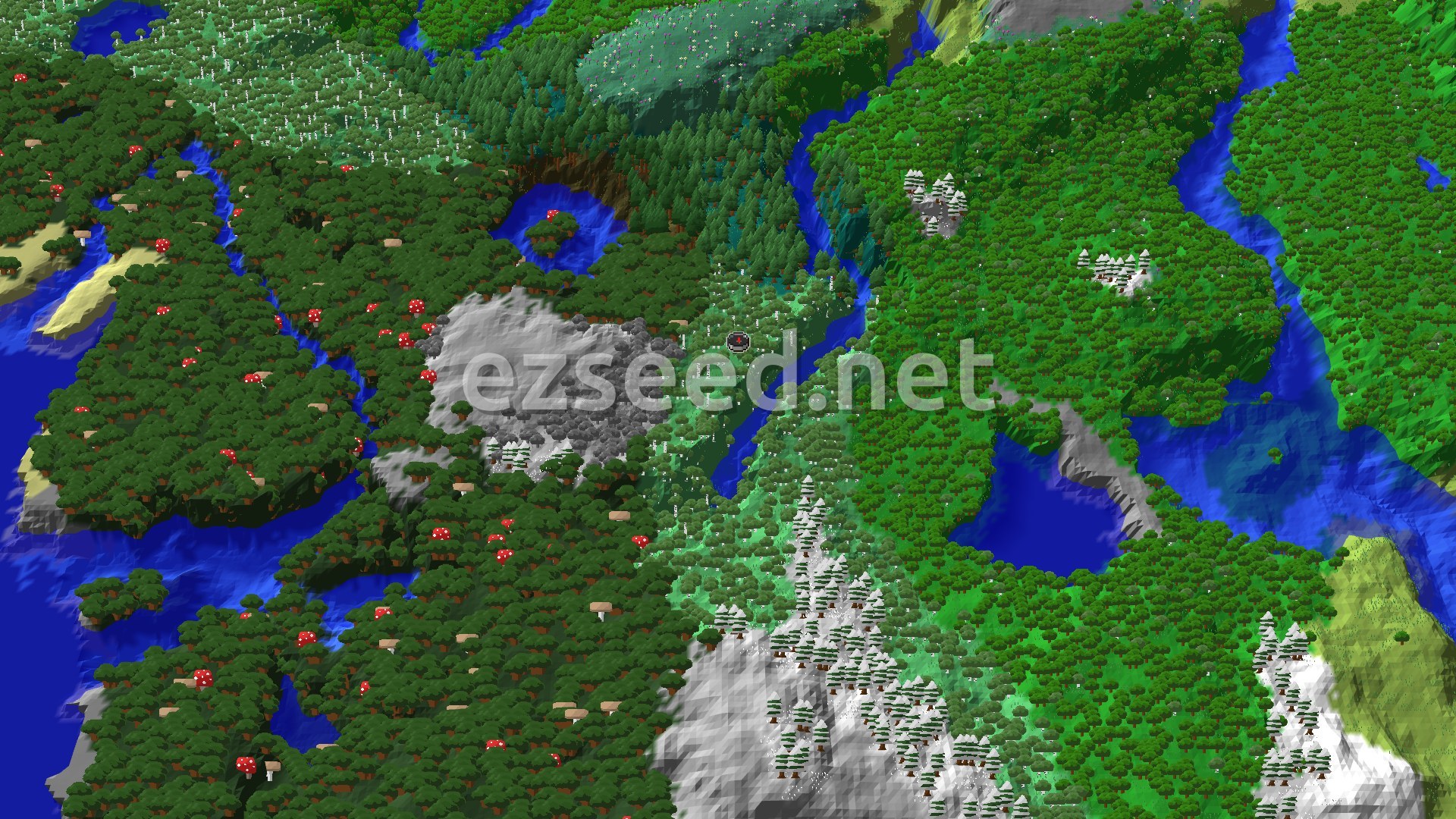 An aerial view of the spawn area, showing a dense forest with a river winding through it, and snow-capped peaks in the distance.